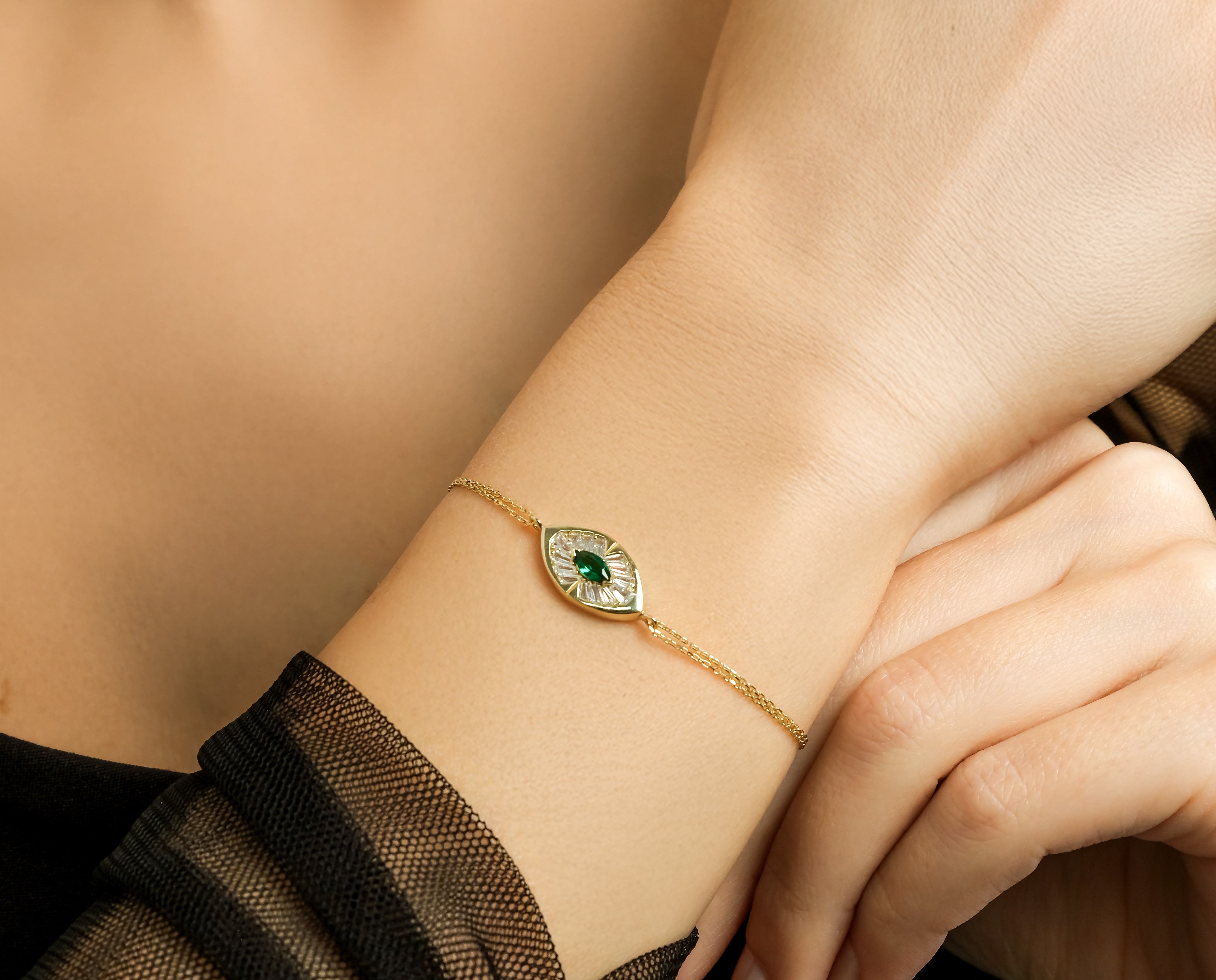14K Solid Yellow Gold Marquise Emerald Bracelet