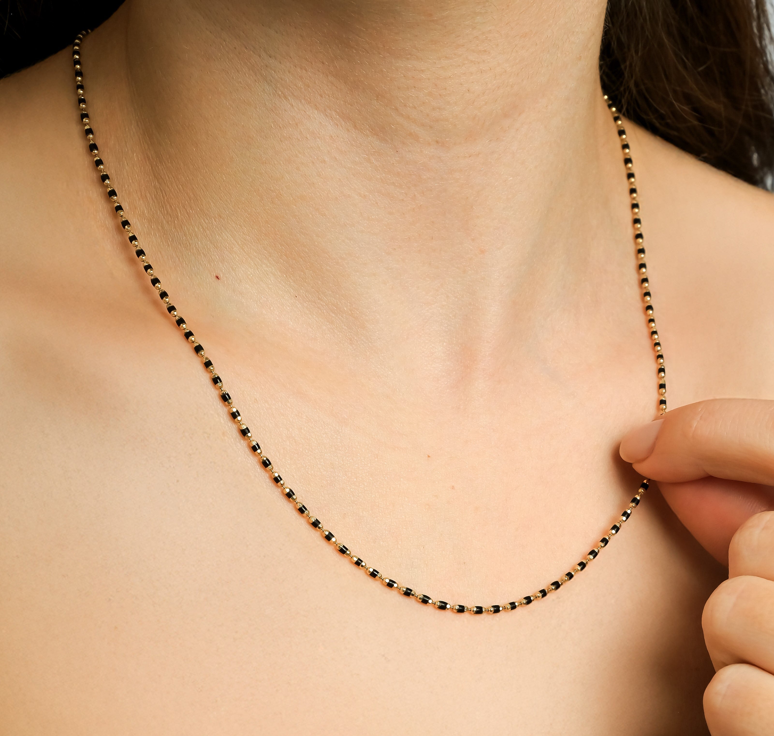 14K Solid Yellow Gold Black Enamel Beaded Necklace