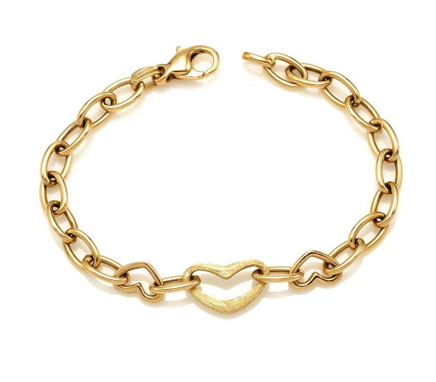 14K Yellow Gold Rolo Chain Heart Bracelet