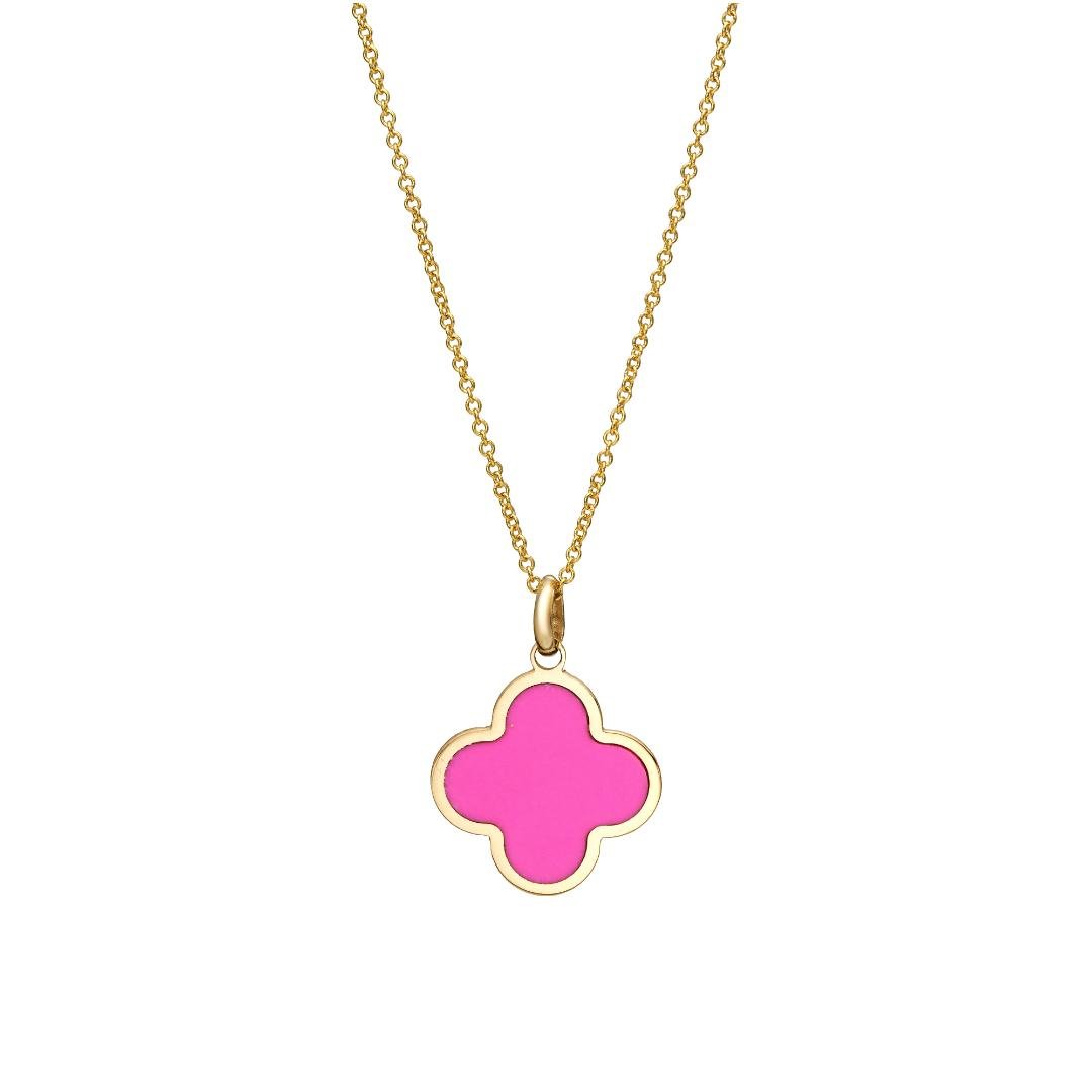 14K Yellow Gold Pink Clover Pendant or Necklace
