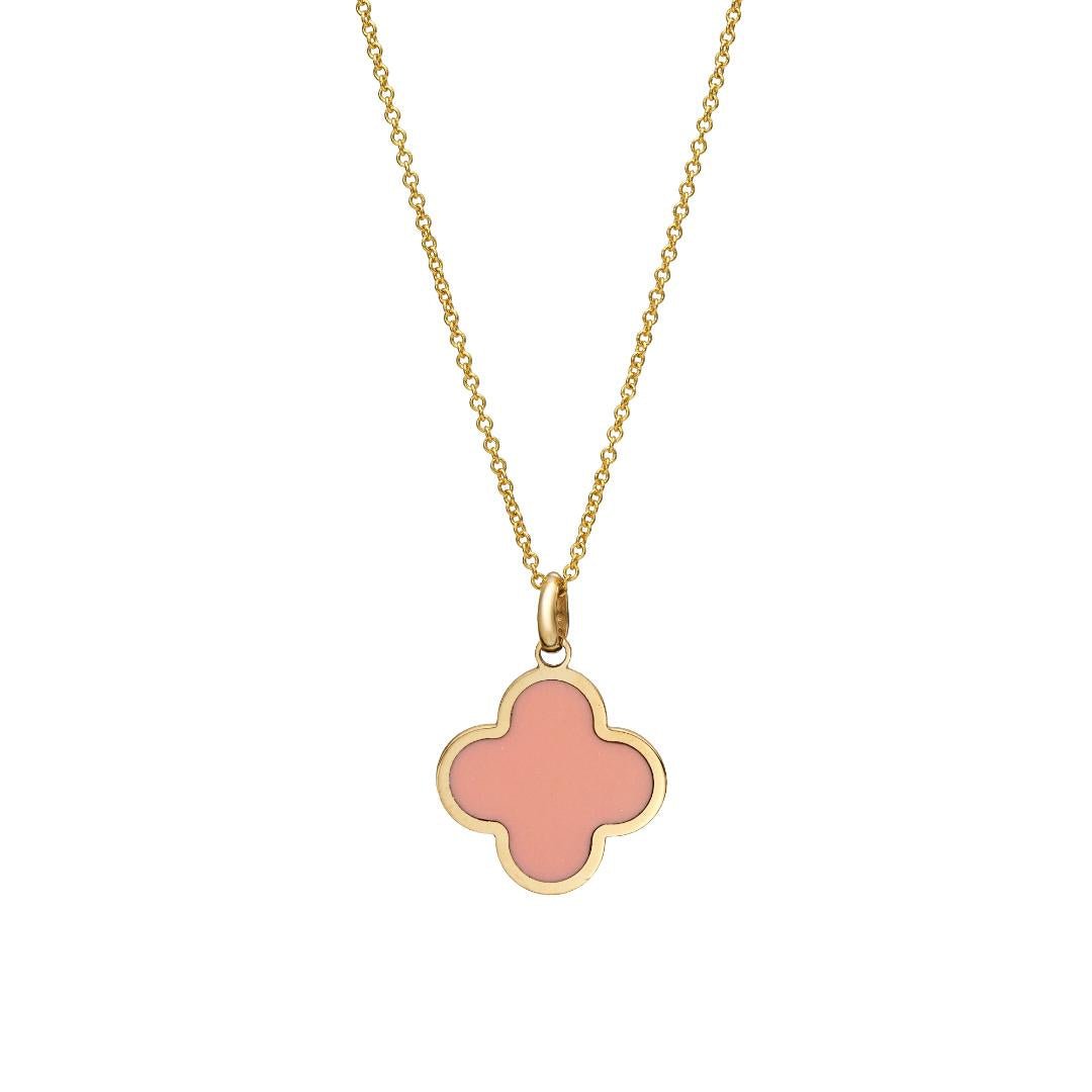14K Solid Yellow Gold Pink Clover Pendant or Necklace