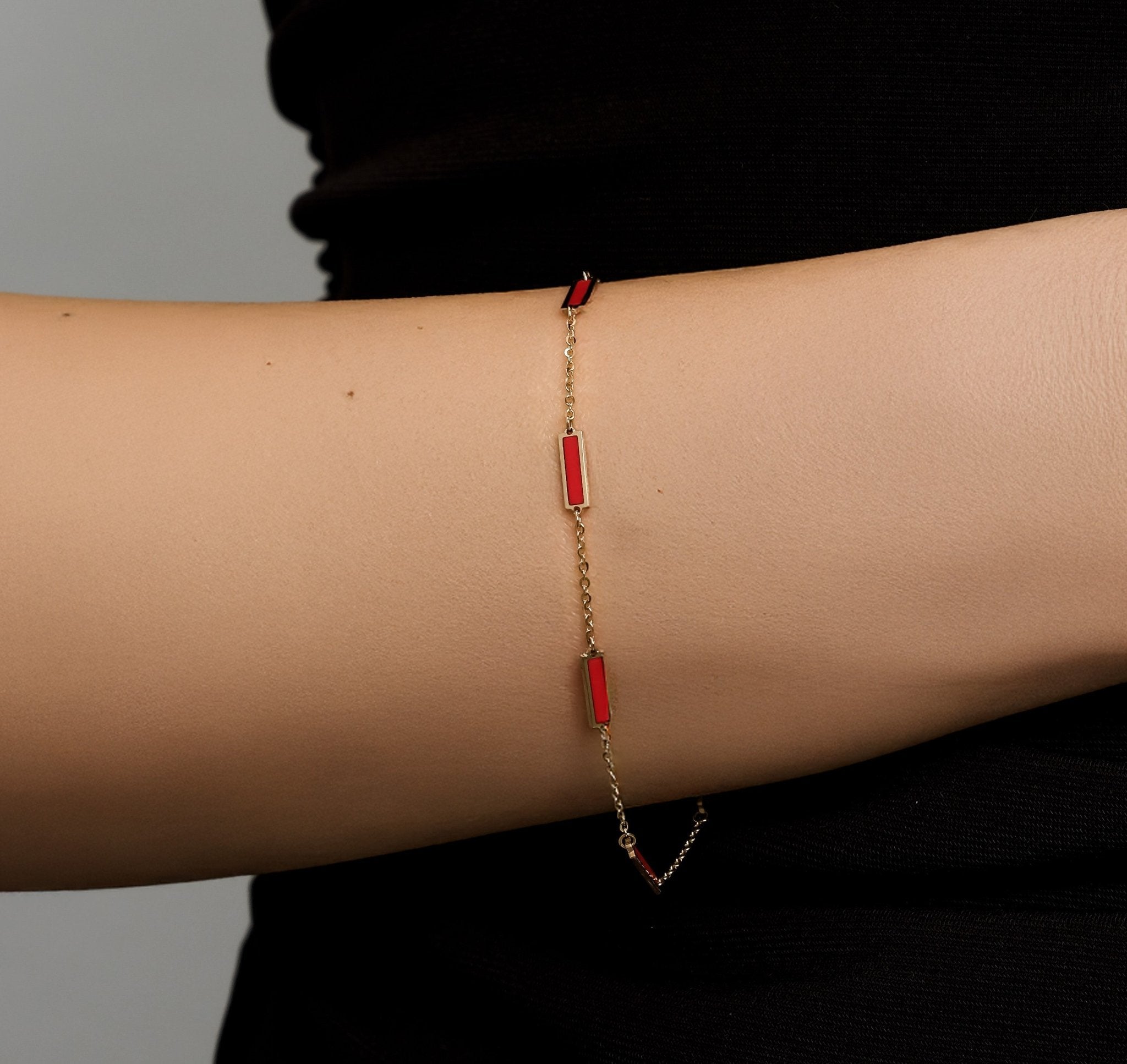 14K Solid Yellow Gold Red Coral Bar Bracelet