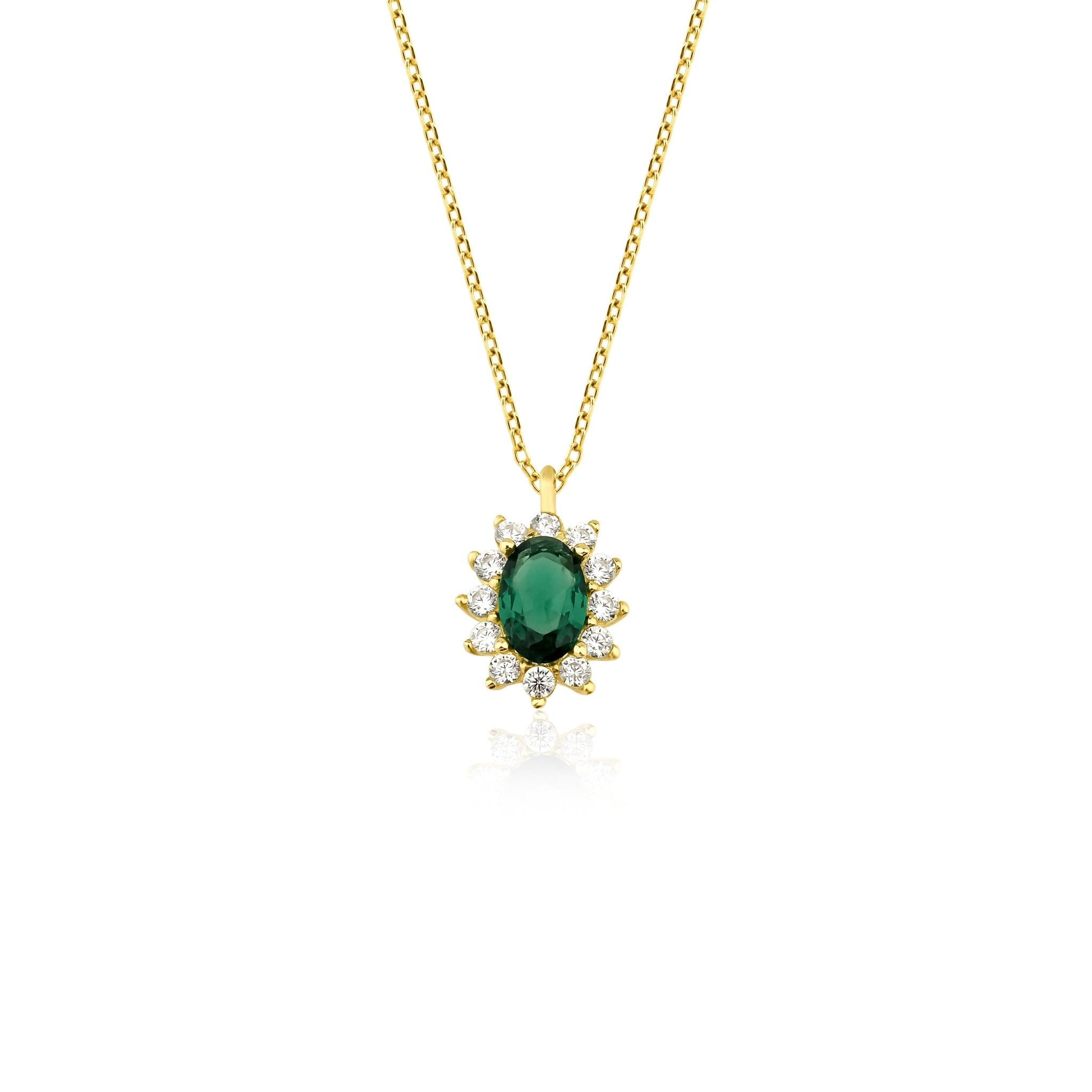 14K Solid Yellow Gold Solitaire Oval Emerald Necklace
