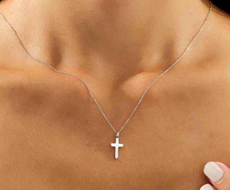 14K Solid White Gold Cross Necklace, Crucifix Cross Necklace