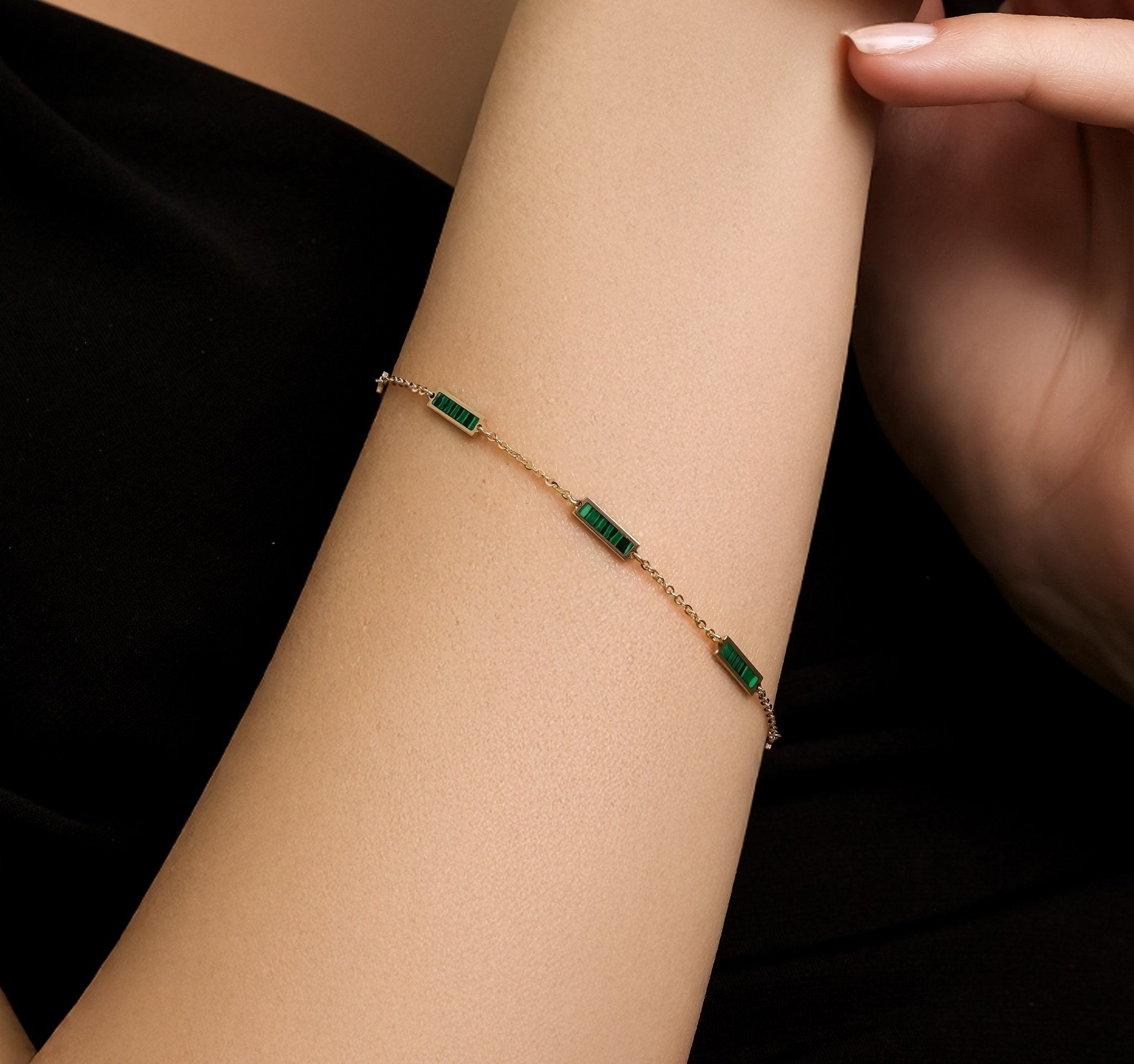 14K Solid Yellow Gold Malachite Bar Bracelet