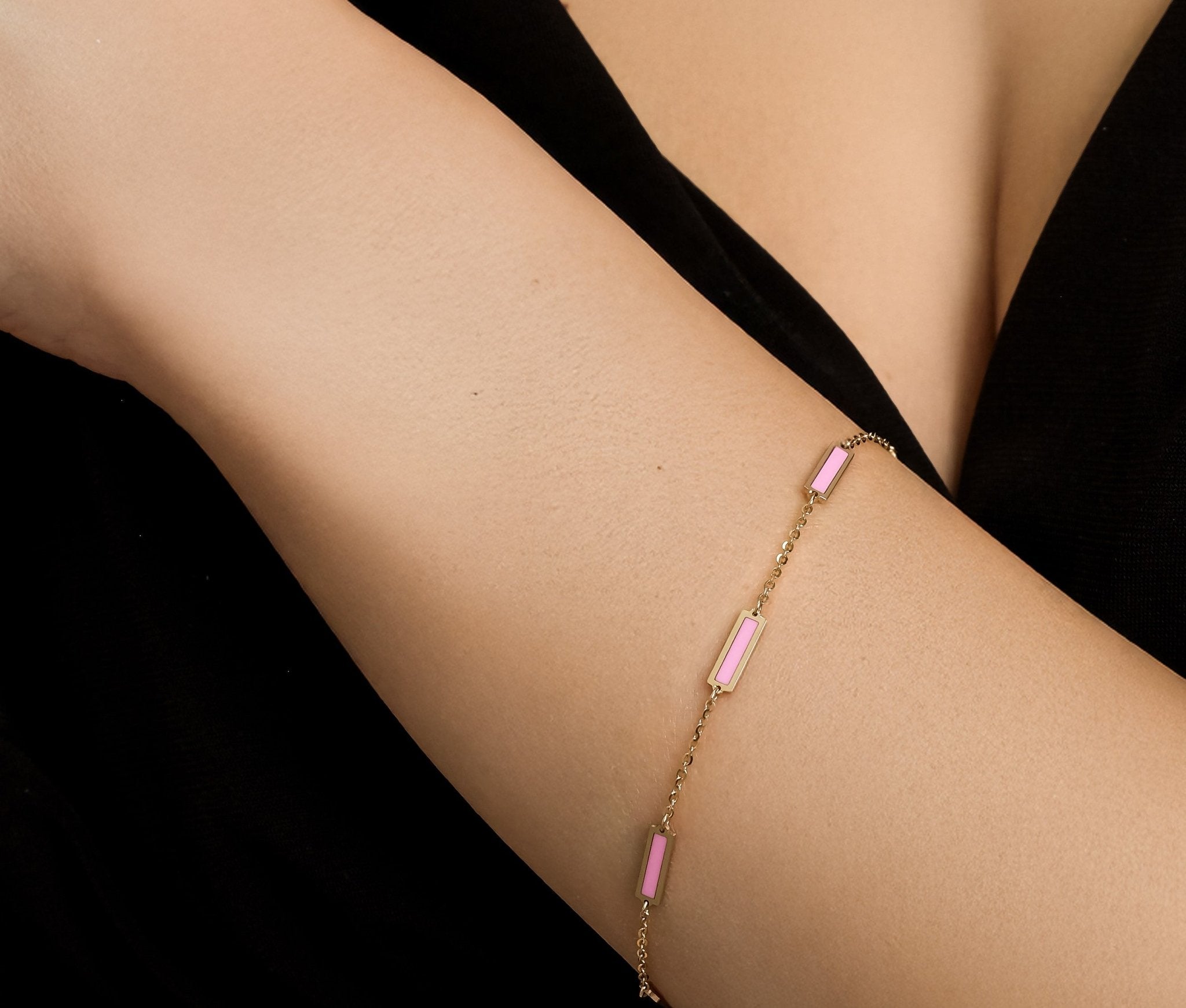 14K Solid Yellow Gold Pink Bar Bracelet