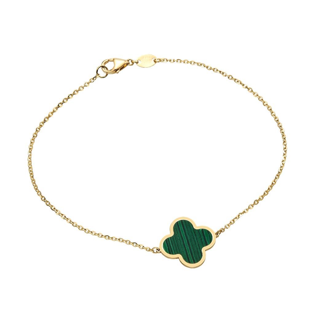 14K Solid Yellow Gold Malachite Leaf Clover Bracelet