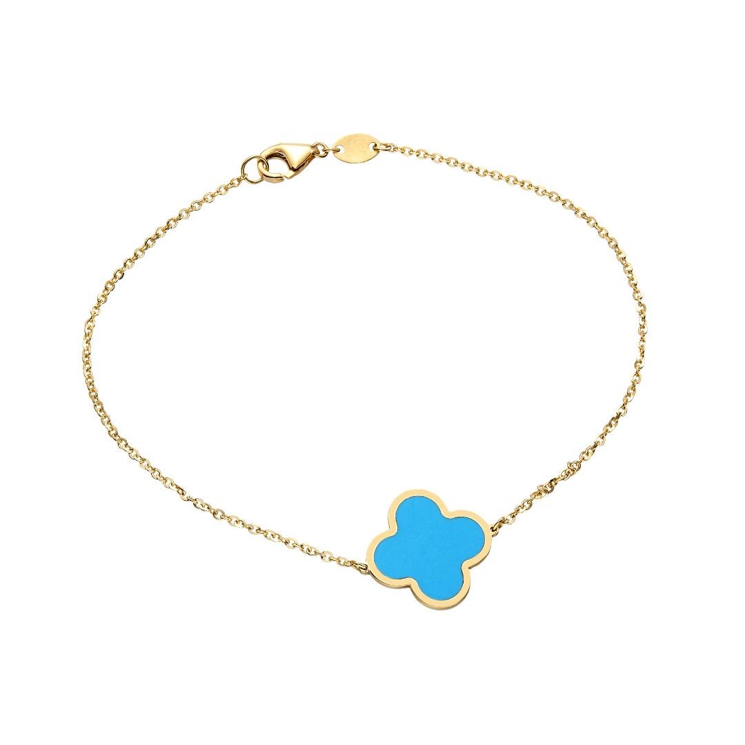 14K Solid Yellow Gold Turquoise Leaf Clover Bracelet