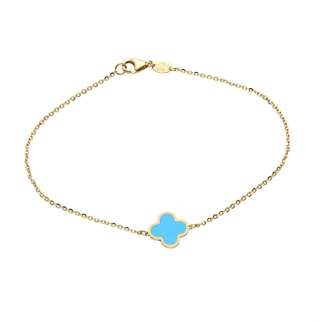 14K Solid Yellow Gold Single Turquoise Leaf Clover Bracelet
