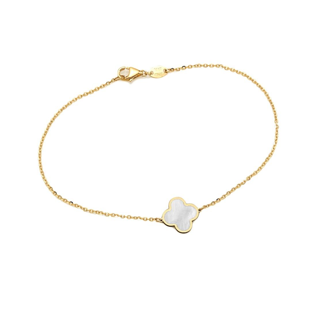 14K Solid Yellow Gold Single Mother of Pearl Leaf Clover Bracelet
