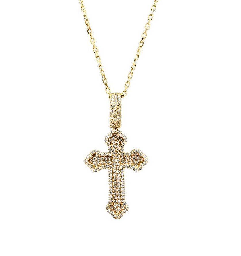 14K Yellow Gold 0.80 Carat Round Natural Diamond Cross Necklace