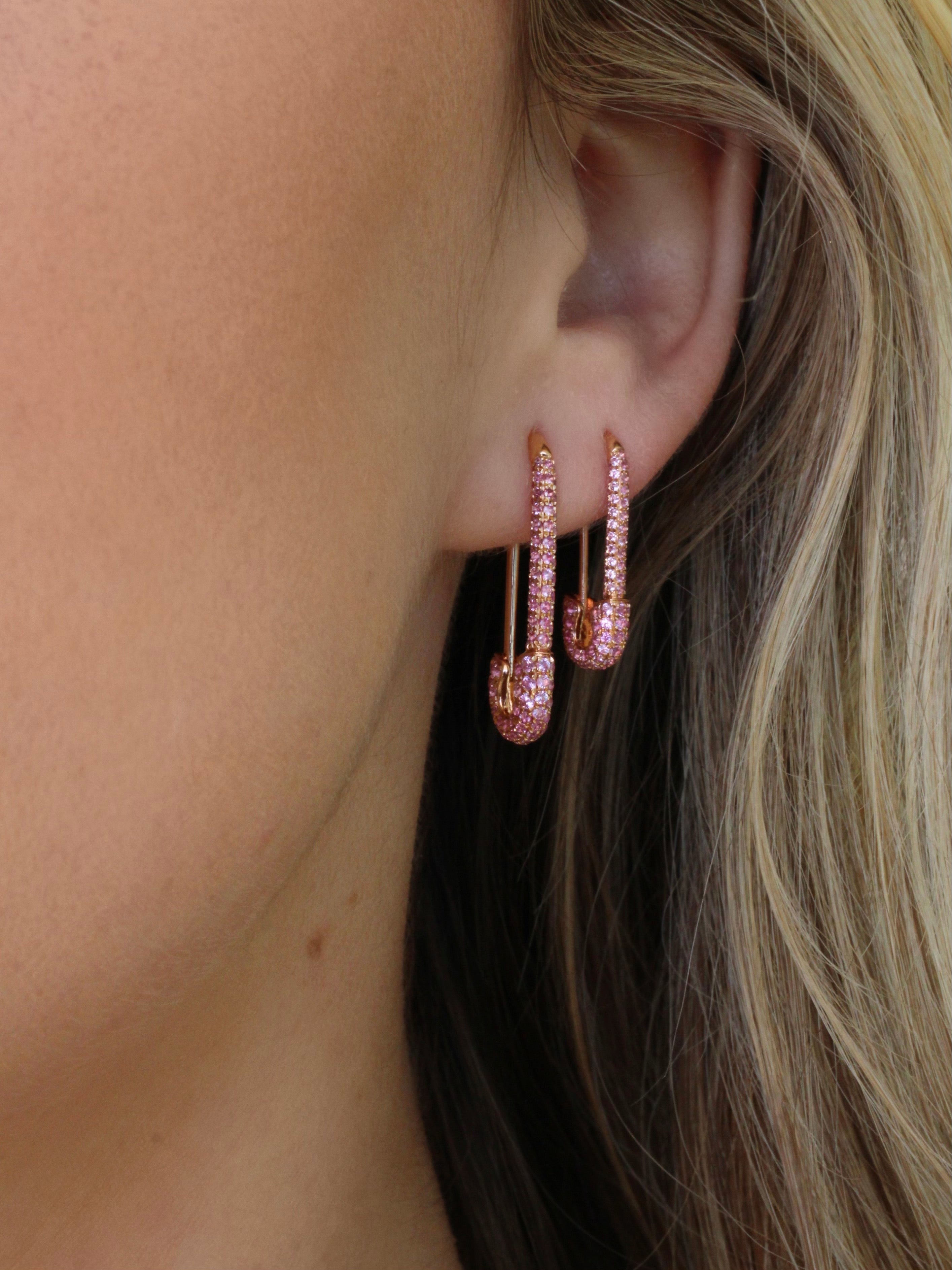 PINK SAPPHIRE SAFETY PIN EARRING 4 PINK SAPPHIRE SAFETY PIN EARRING