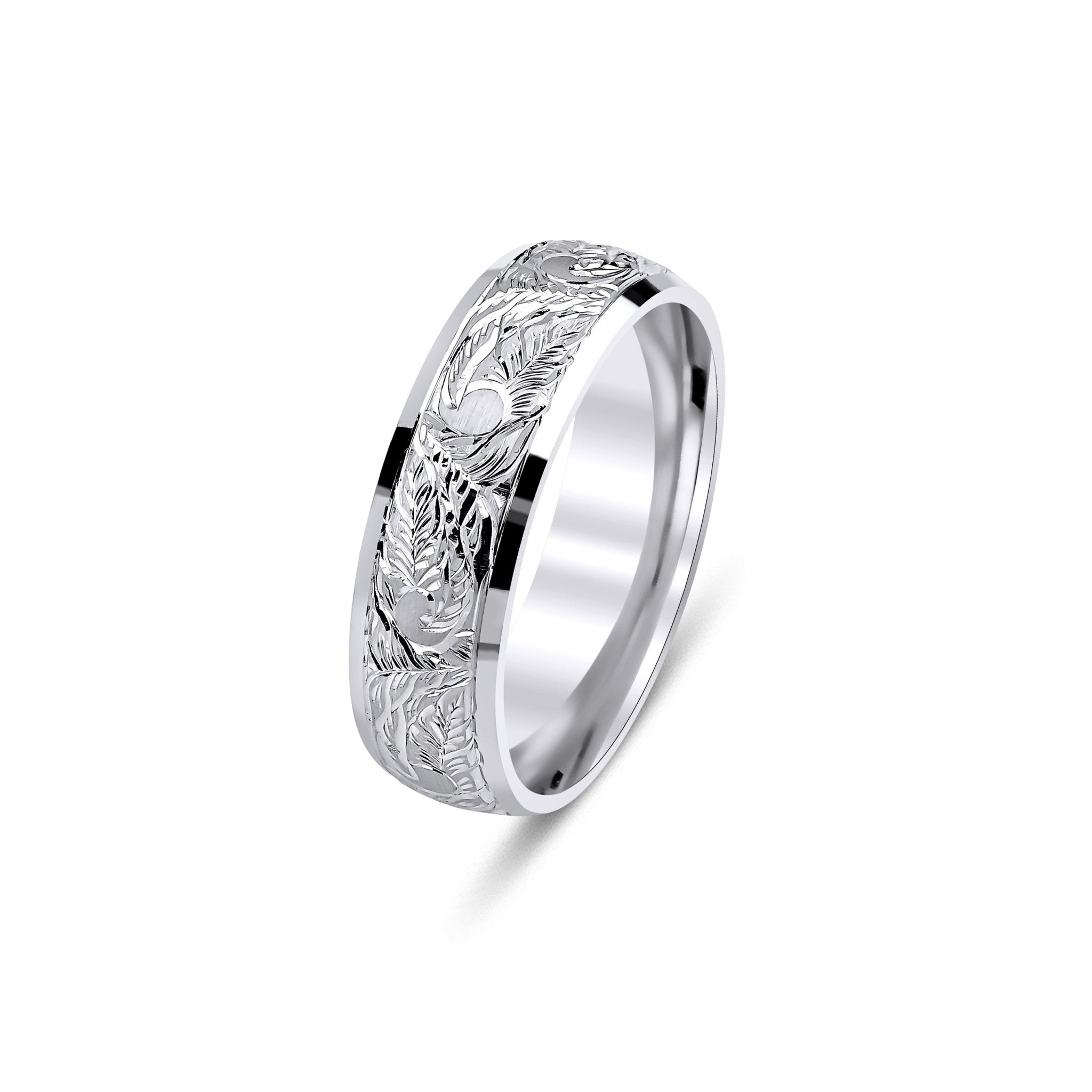 14K White Gold Hand Engraved Wedding Bands