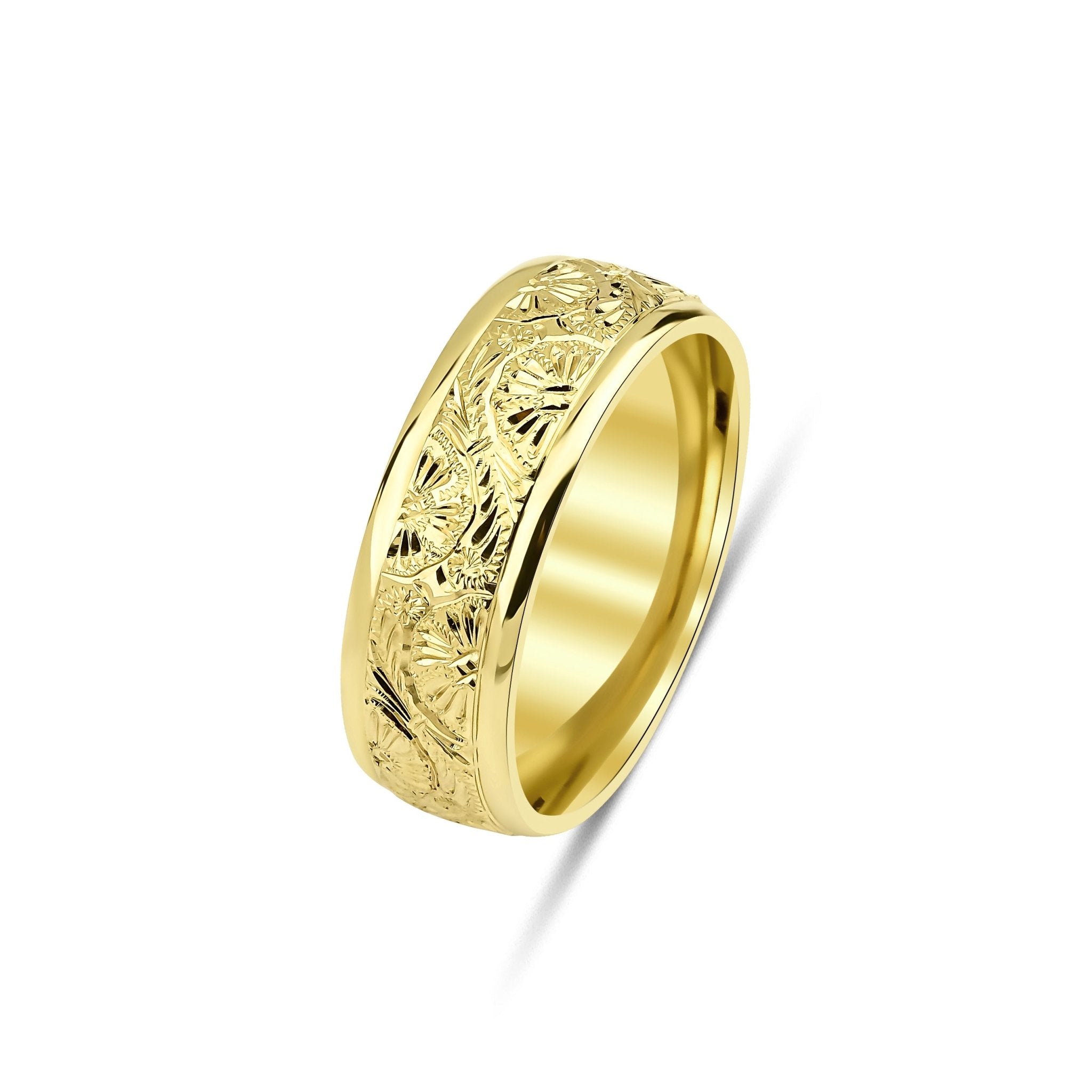 14K Yellow Gold Hand Engraved Mens Wedding Bands