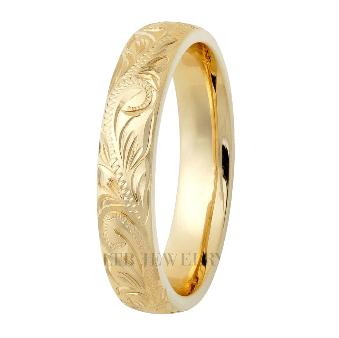 4mm 10K 14K 18K Yellow Gold Hand Engraved Wedding Bands 3 4mm 10K 14K 18K Yellow Gold Hand Engraved Wedding Bands