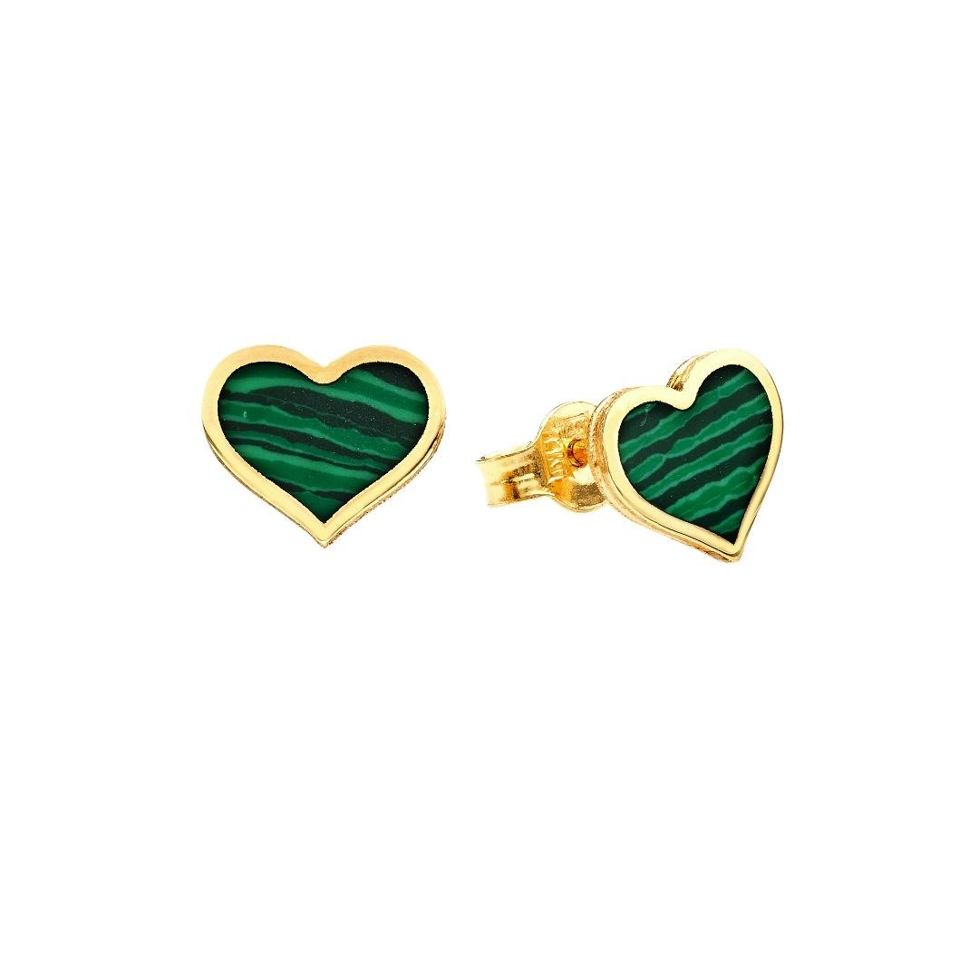 14K Solid Yellow Gold Malachite Heart Earrings