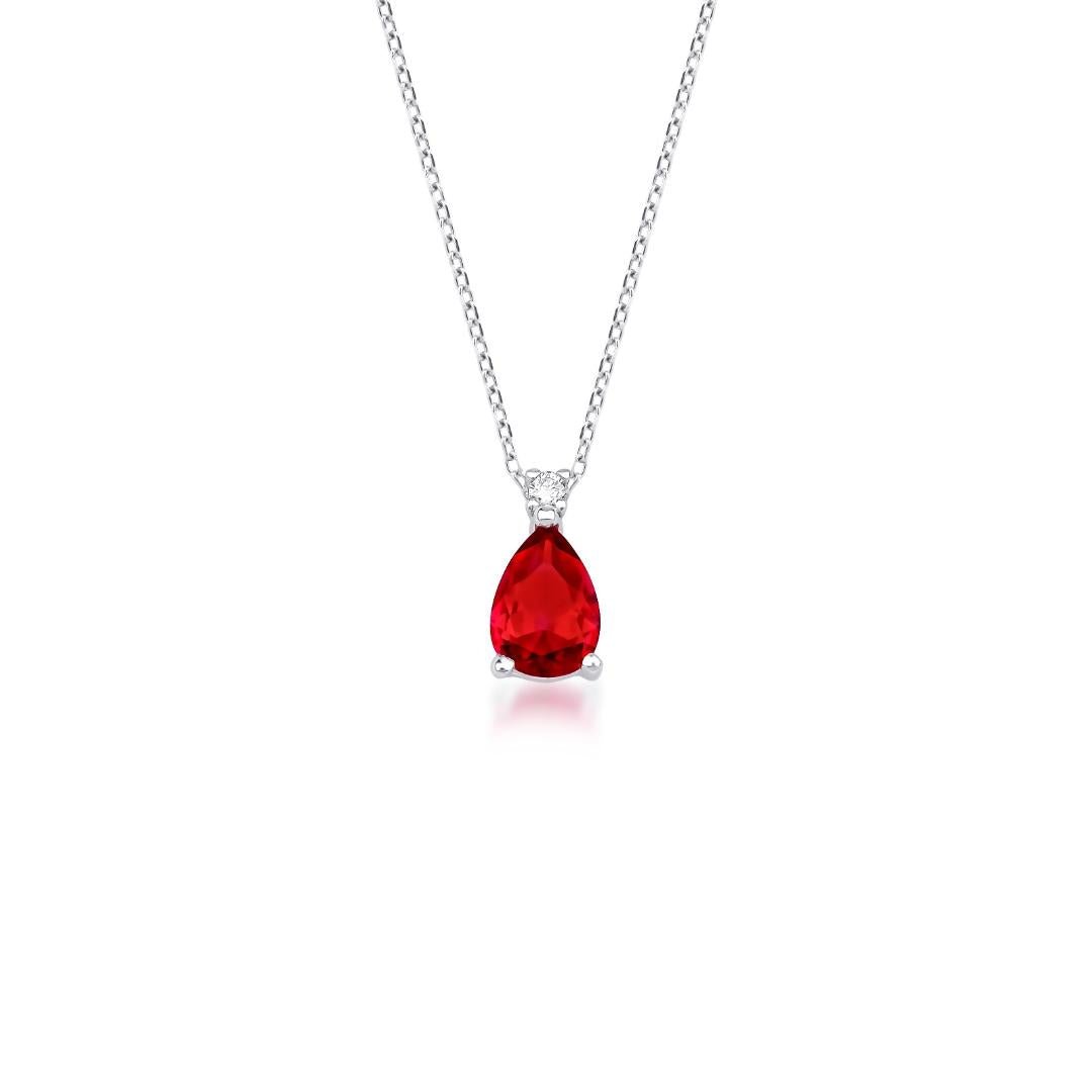 14K White Gold Pear Shape Ruby and Diamond Solitaire Necklace