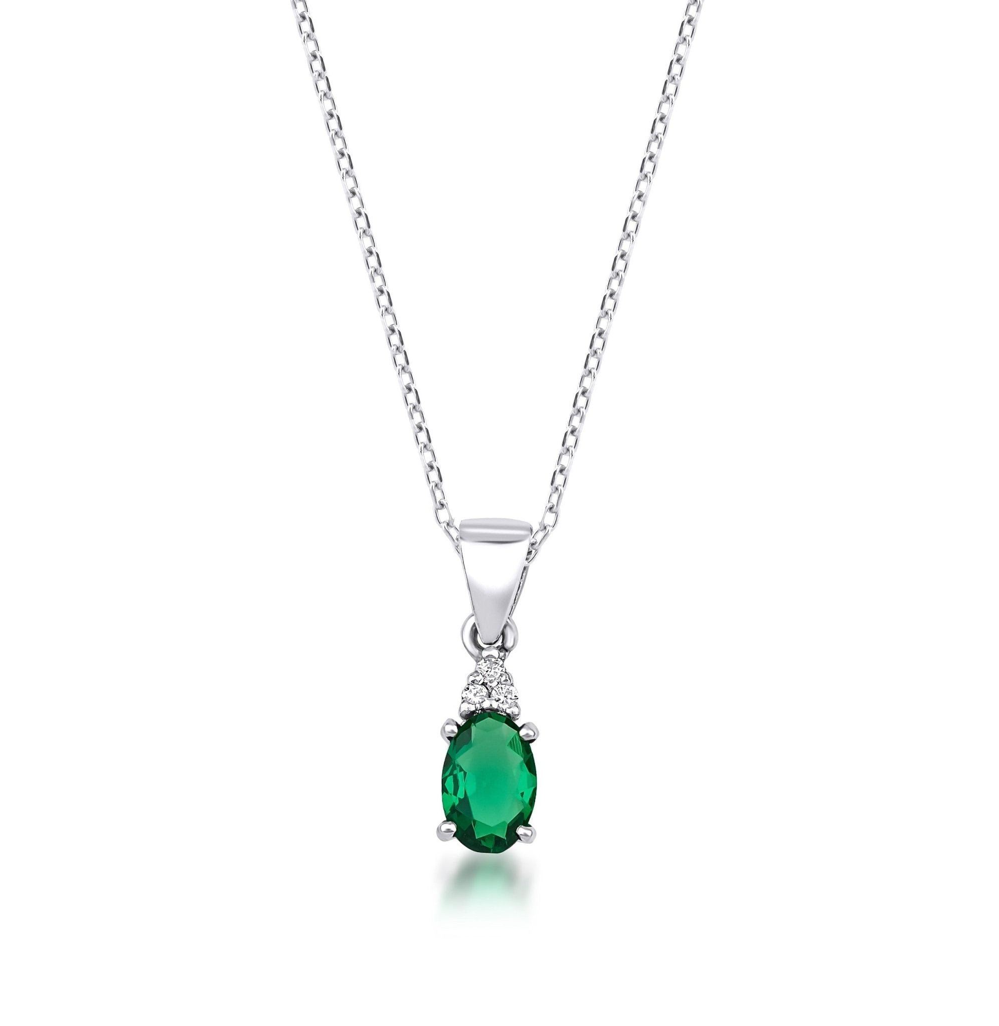 14K White Gold Oval Emerald and Diamond Solitaire Necklace