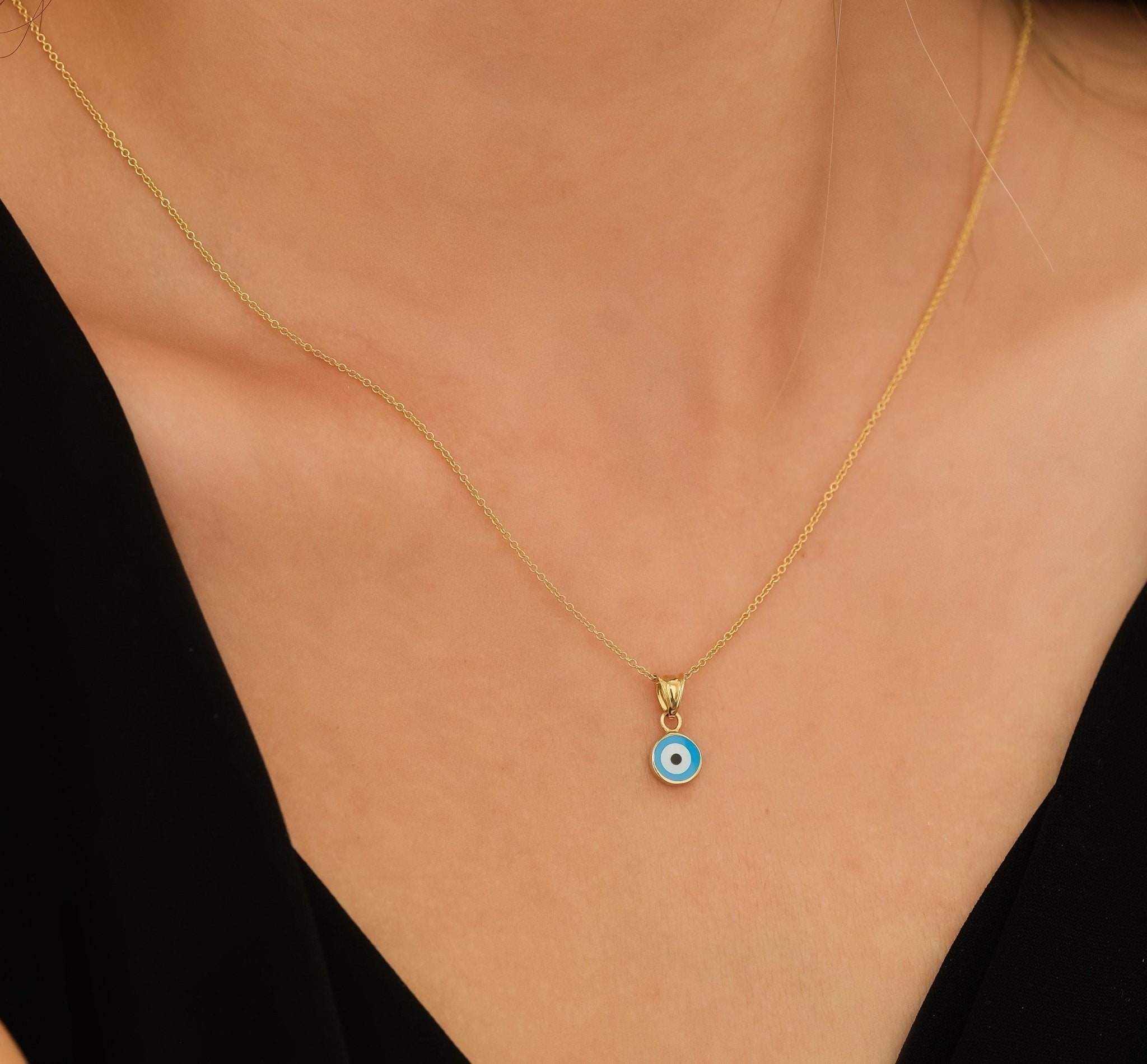 14K Solid Yellow Gold Evil Eye Necklace