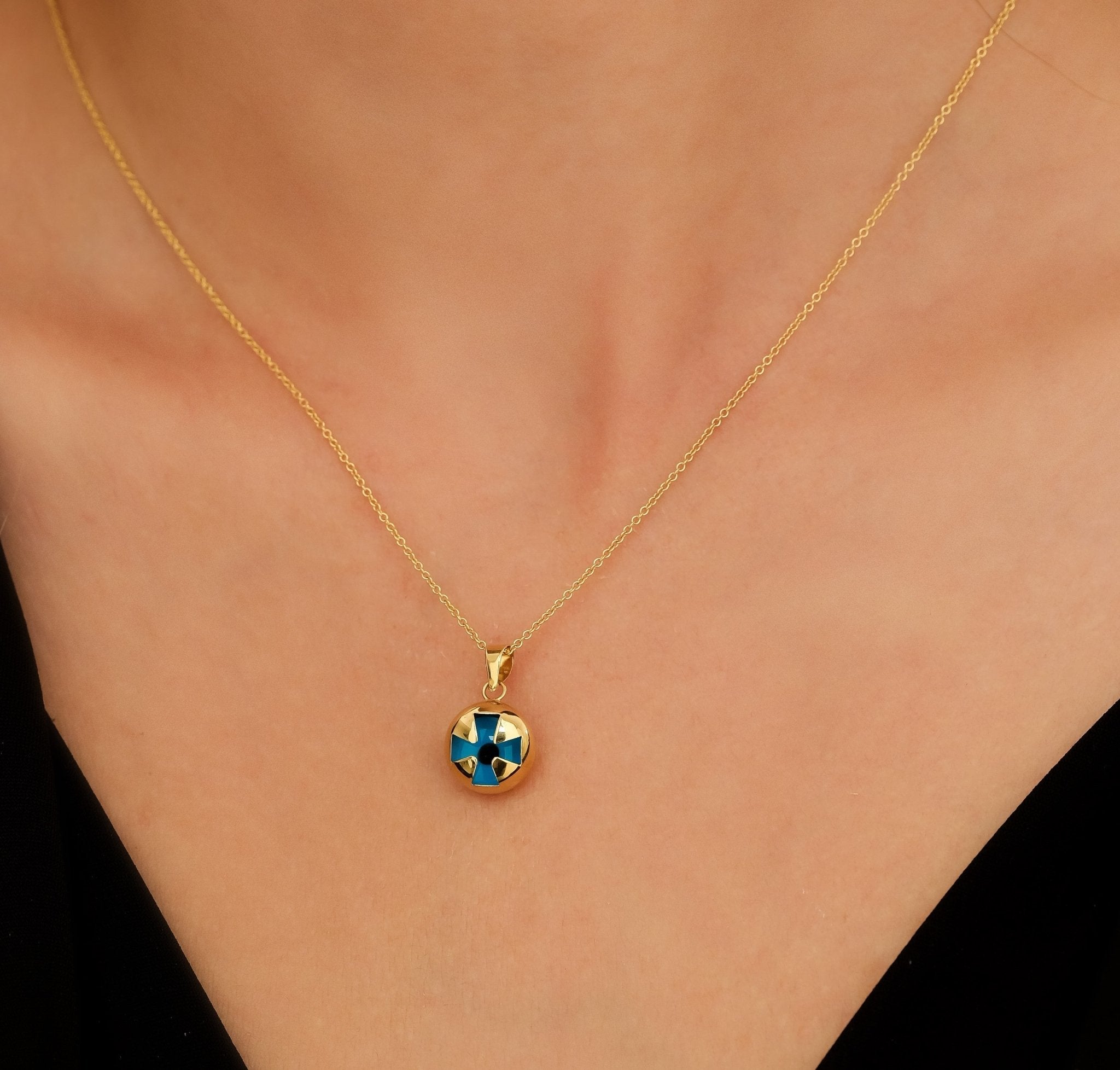 14K Yellow Gold Puffed Cross Necklace, Evil Eye Necklace