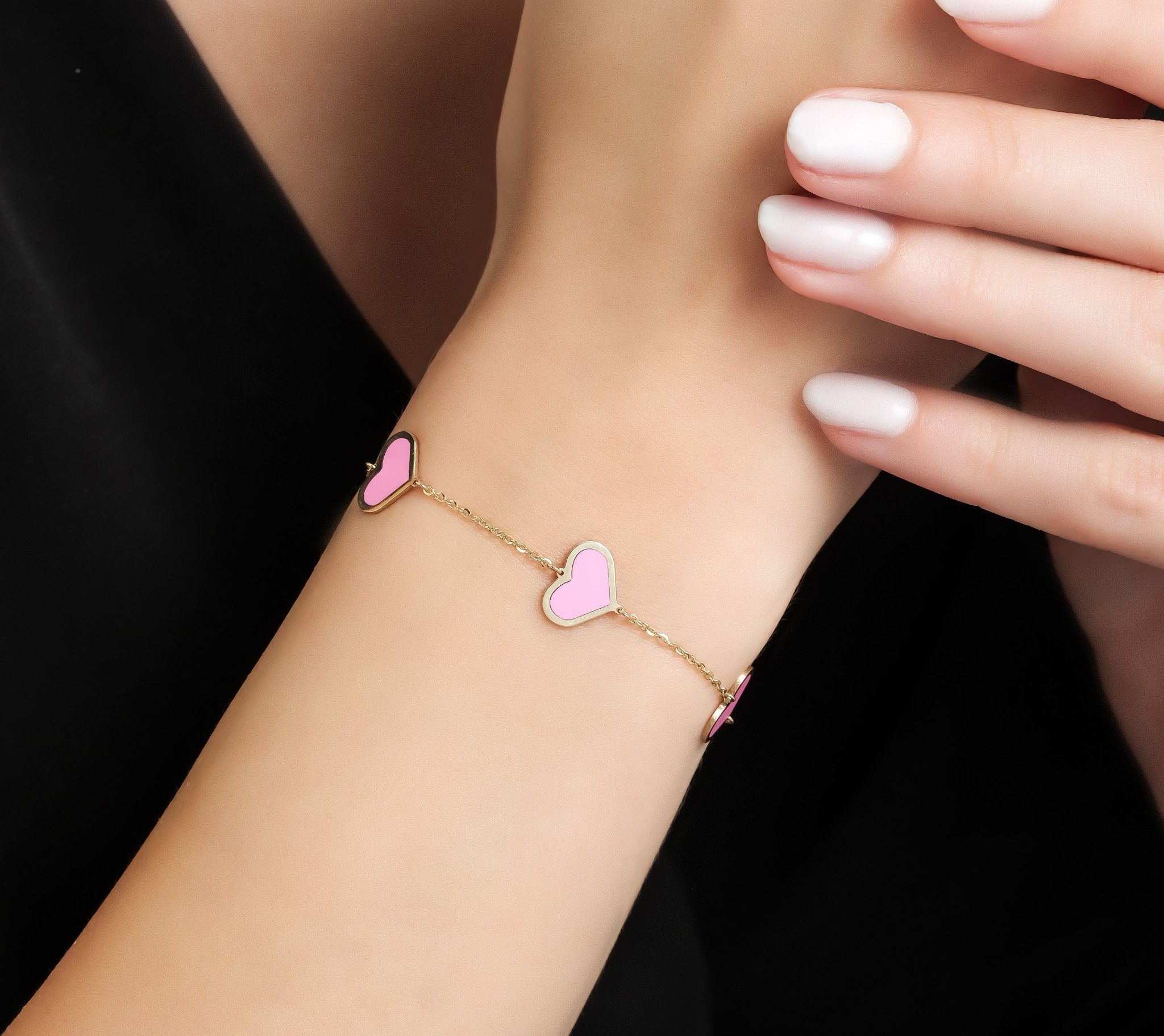 14K Solid Yellow Gold  Pink Heart Bracelet