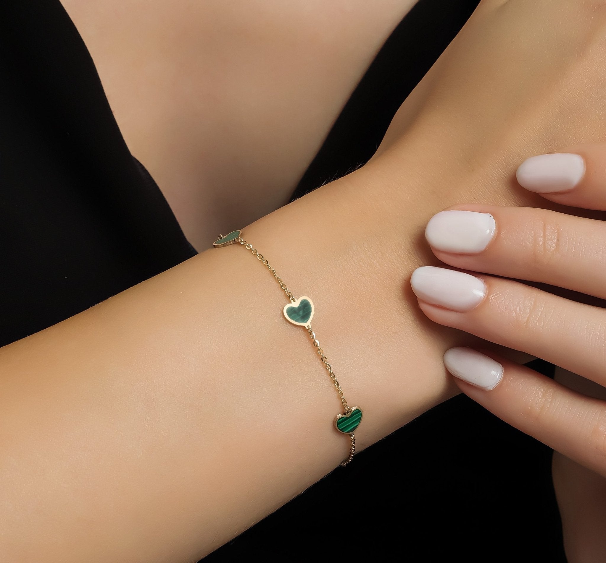 14K Solid Yellow Gold Station Malachite Heart Bracelet