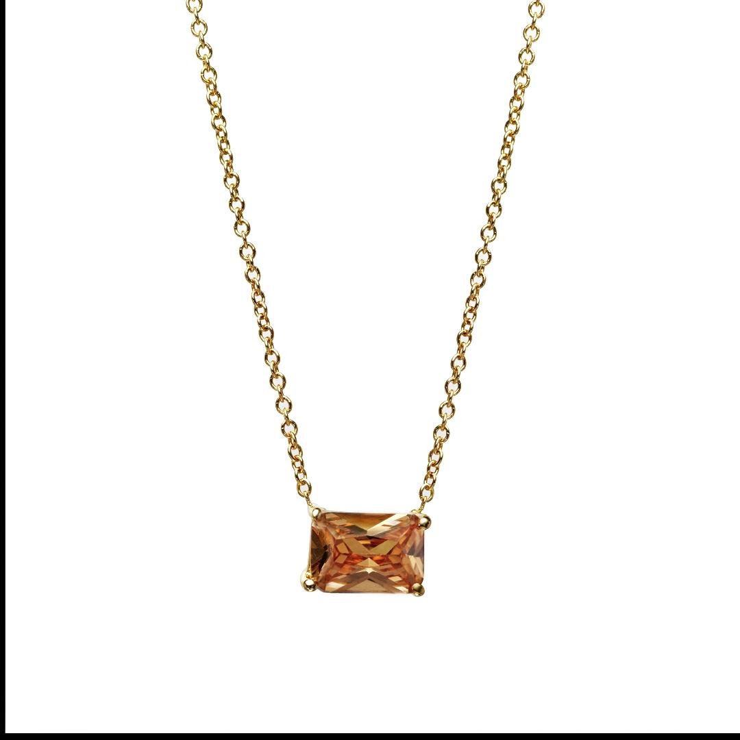 14K Yellow Gold Emerald Cut Champagne Color Solitaire Necklace