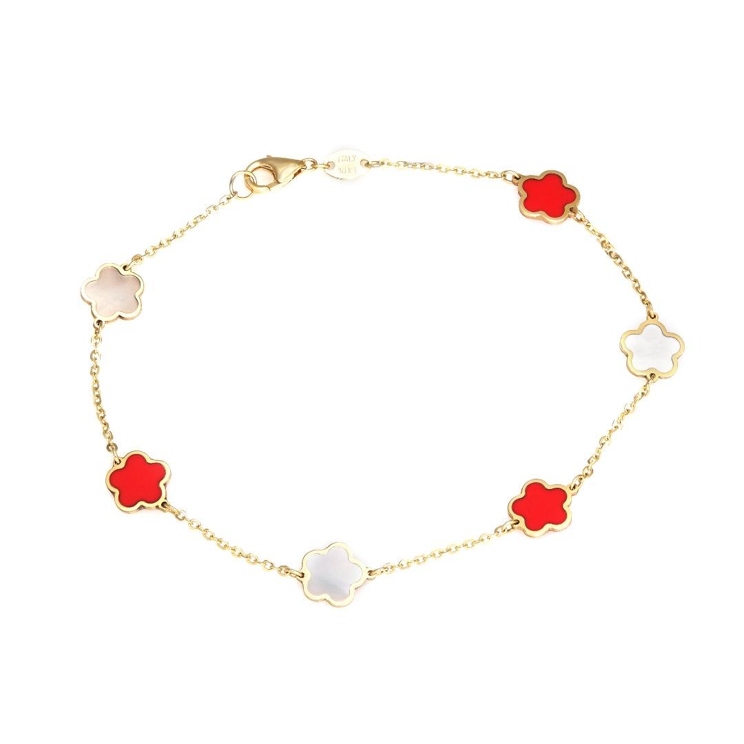 14K Yellow Gold Red Coral and Mother Of Pearl Blossom Bracelet