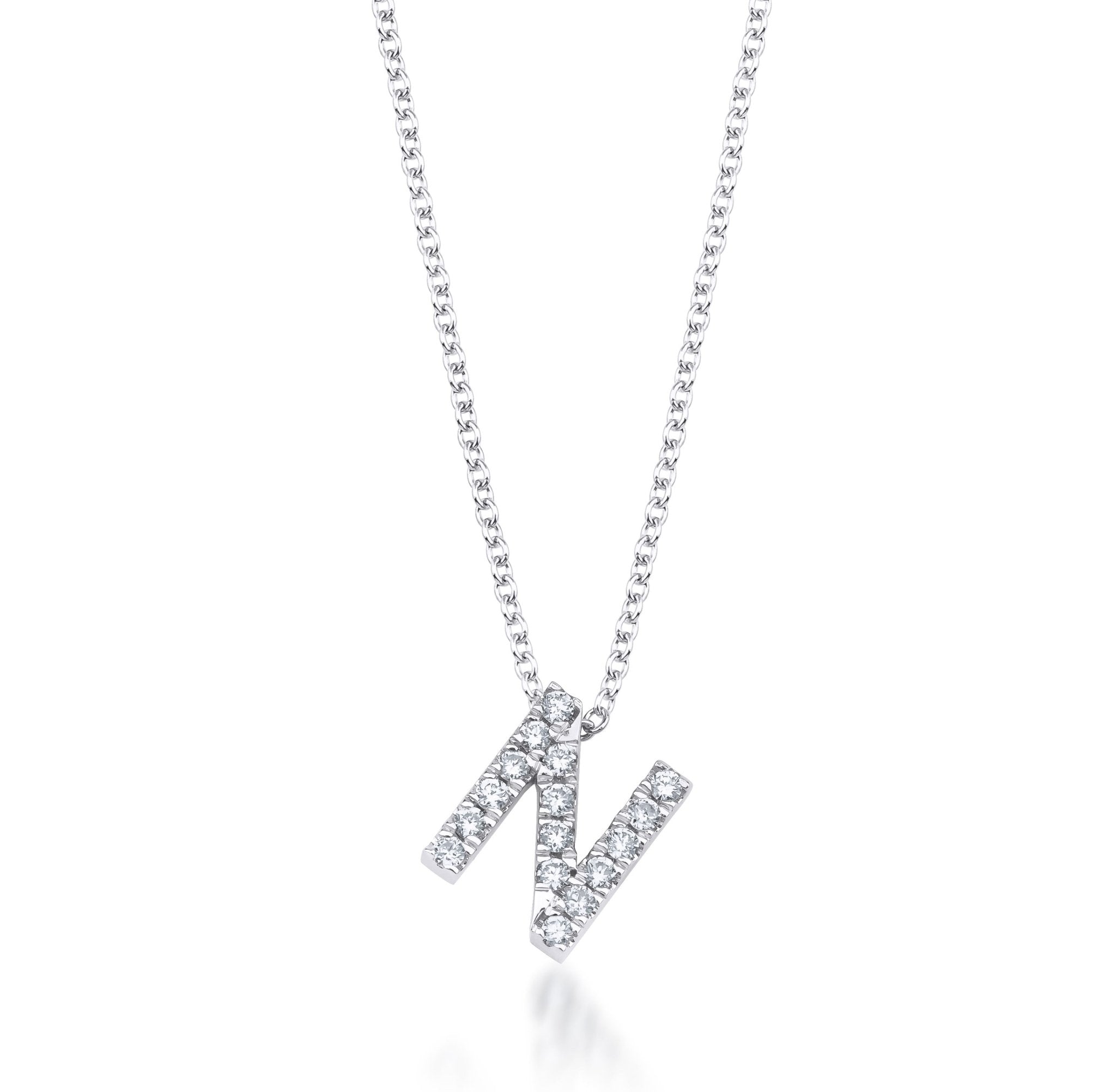 14K White Gold Natural Diamond Initial Necklace, Letter N Necklace