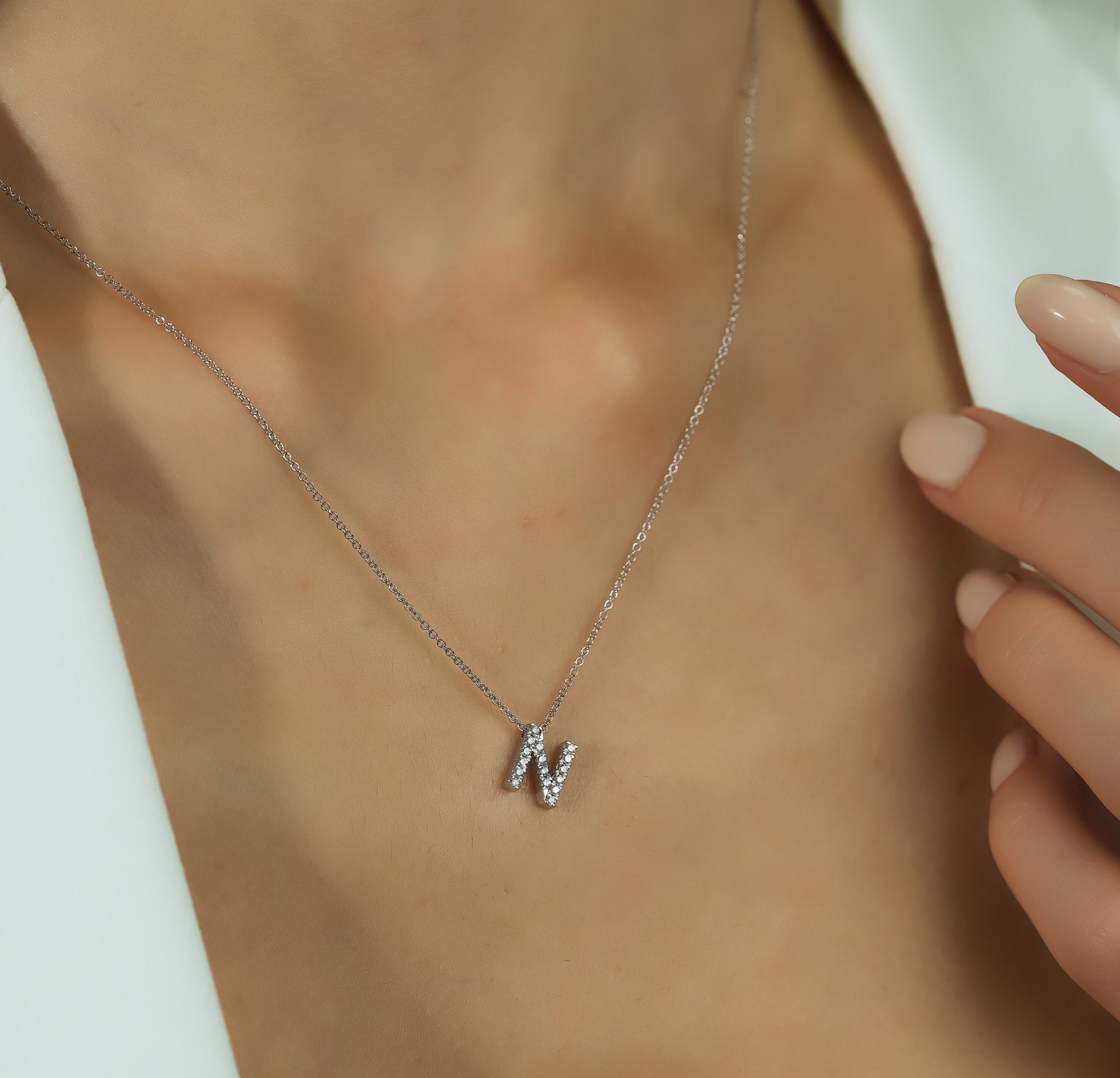 14K White Gold Natural Diamond Initial Necklace, Letter N Necklace 3 14K White Gold Natural Diamond Initial Necklace, Letter N Necklace
