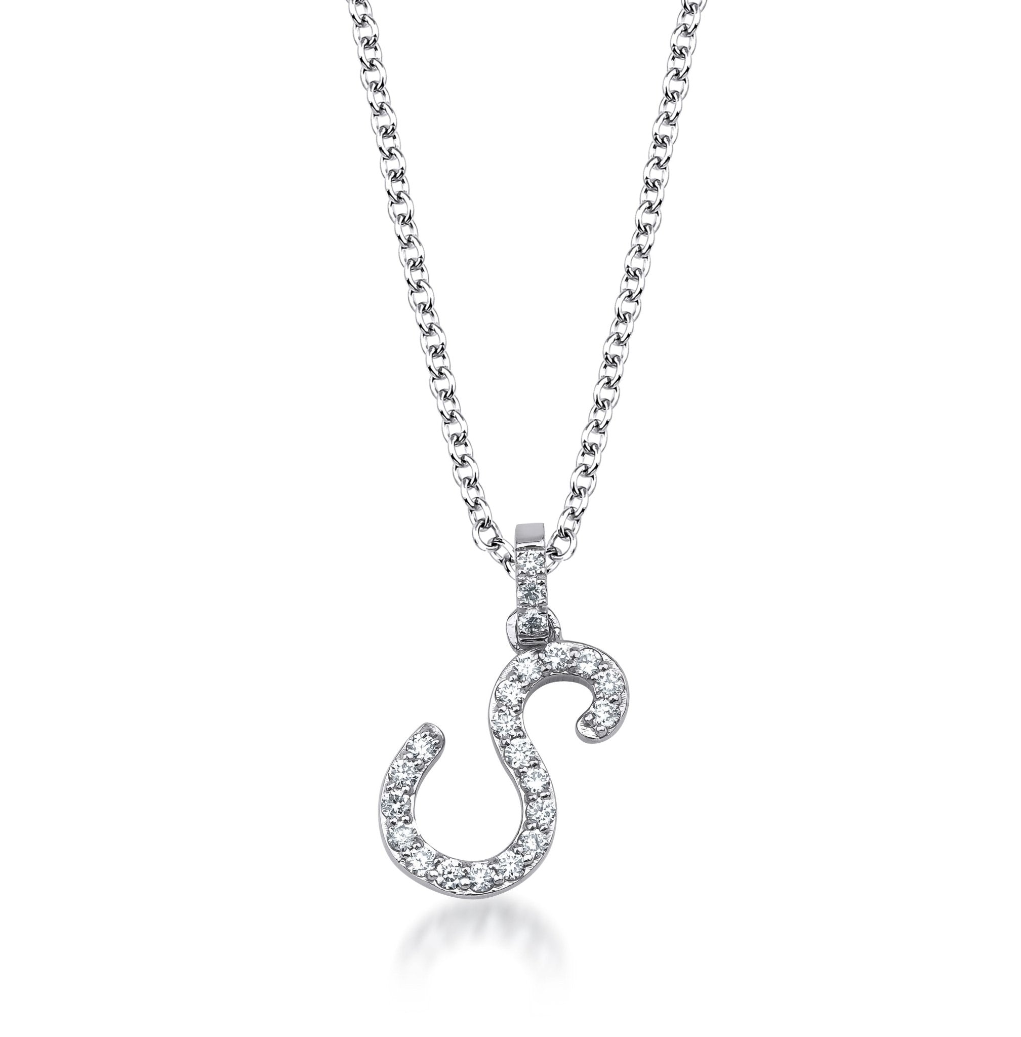 14K White Gold Natural Diamond Initial Necklace, Script Letter S Necklace