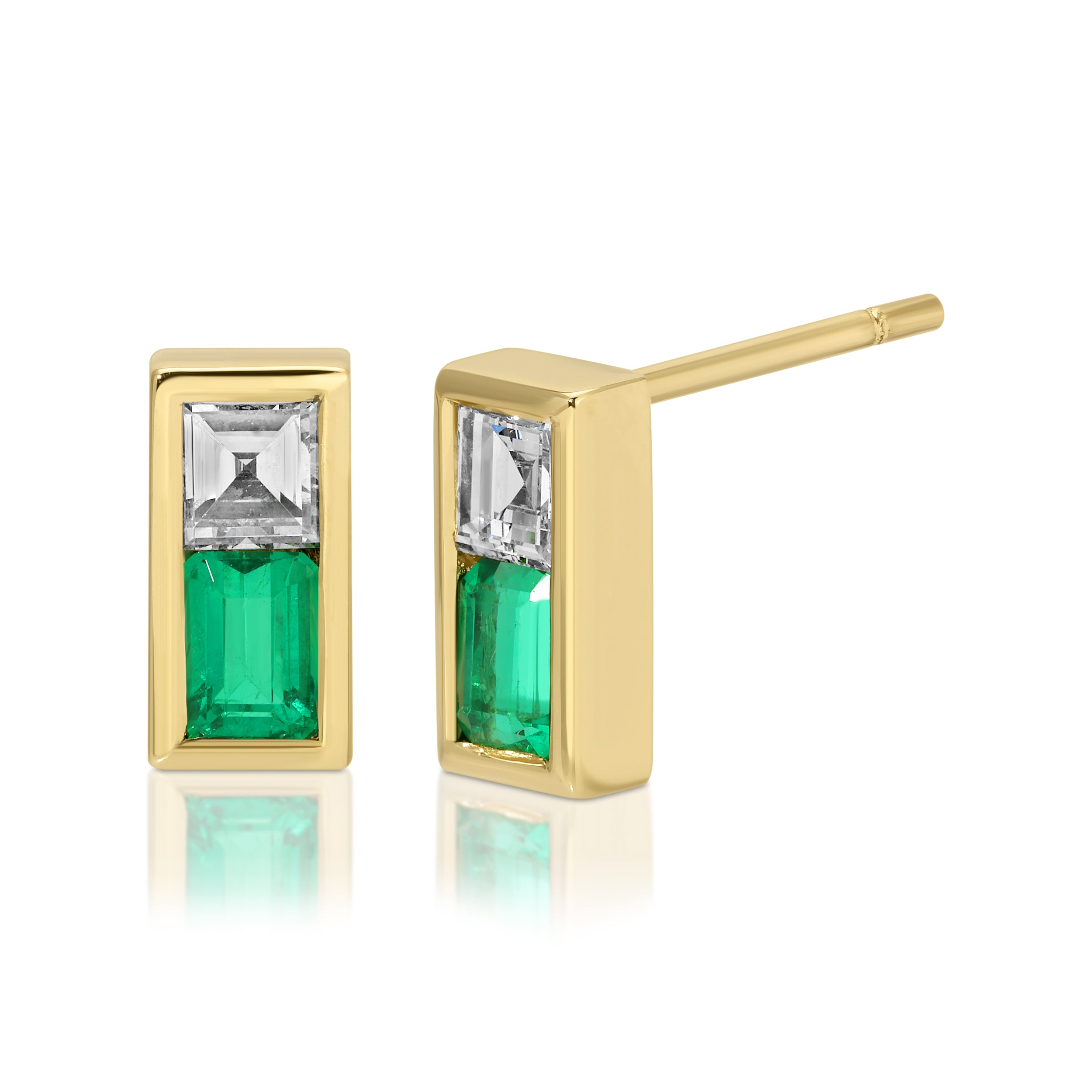 EMERALD CUT EMERALD AND CARRE CUT DIAMOND STUD EARRINGS