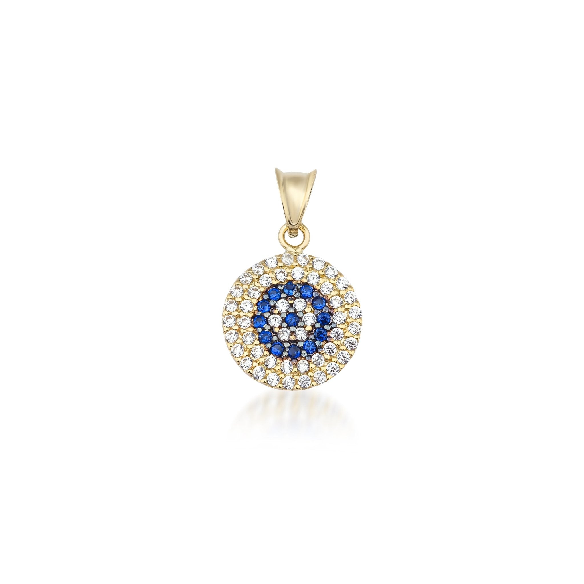 14K Solid Yellow Gold Round Evil Eye Pendant or Necklace