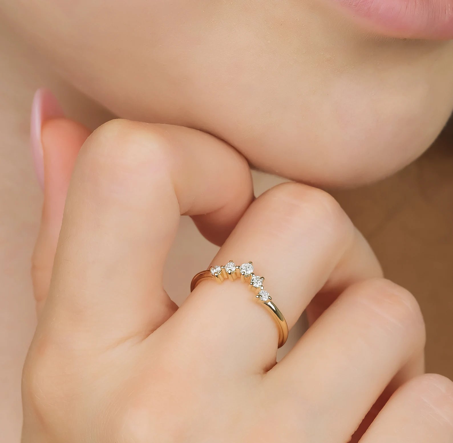 14K Gold Curved Diamond Wedding Ring