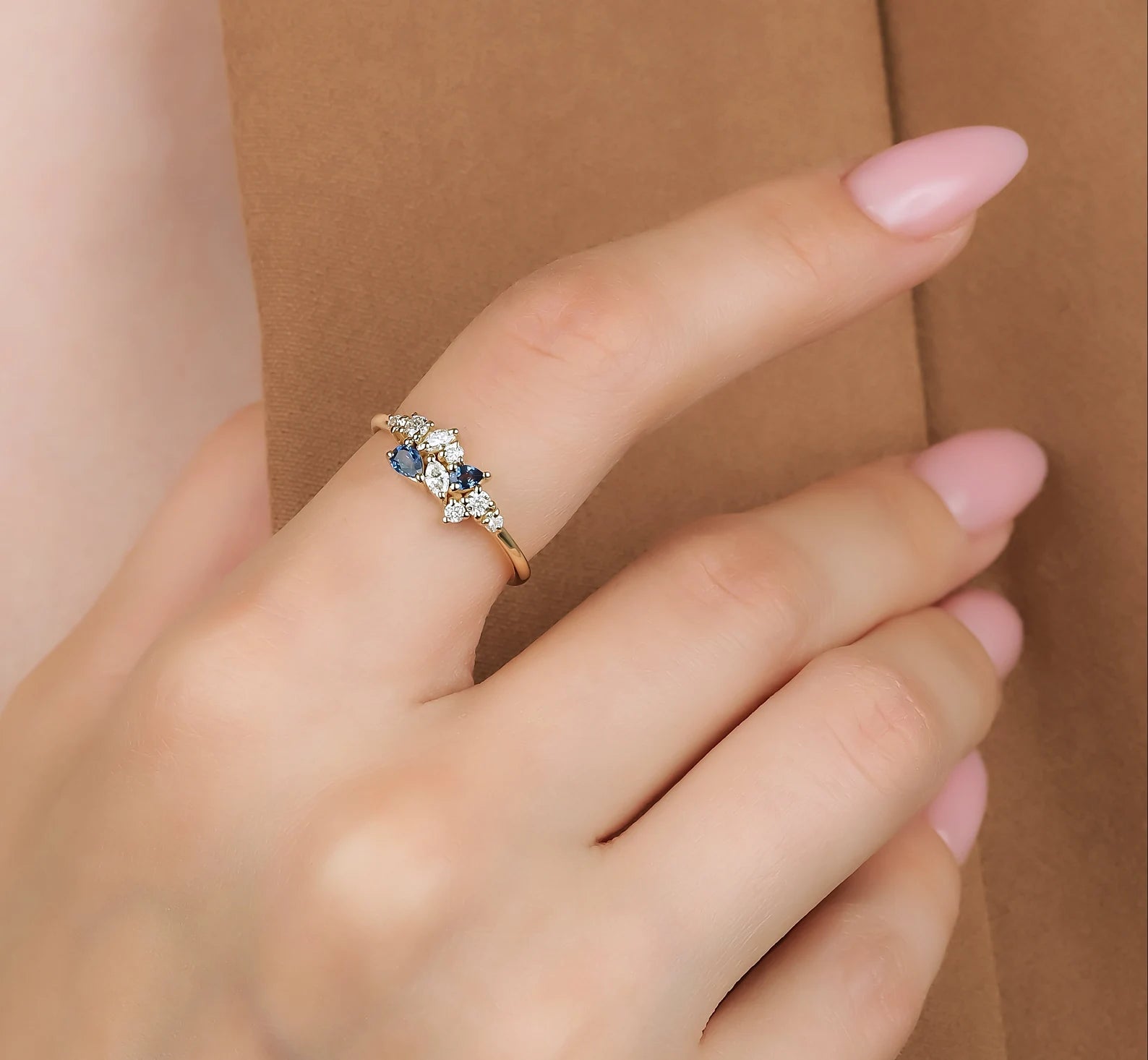 14K Gold Natural Sapphire and Marquise Diamond Cluster Ring