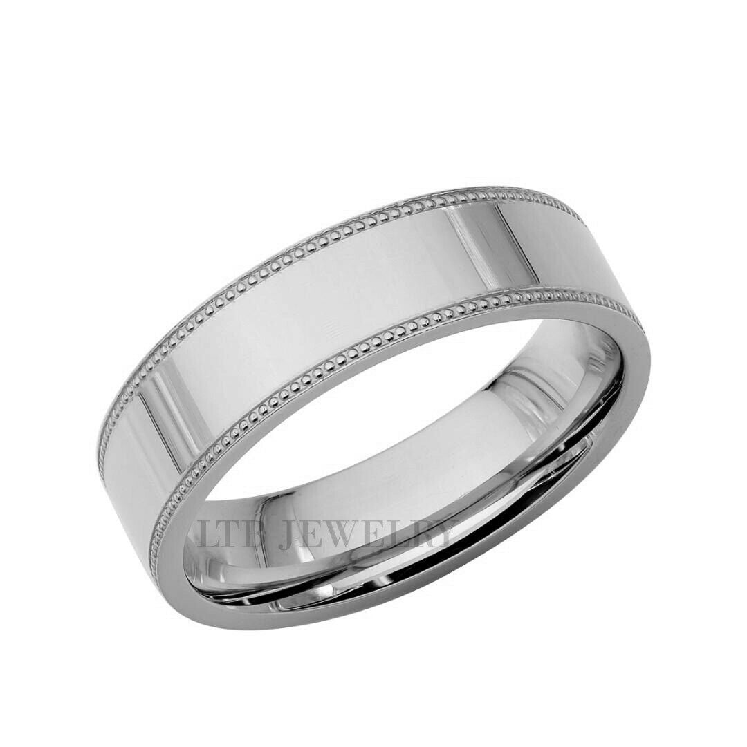 6mm 14K White Gold Flat Milgrain Wedding Bands