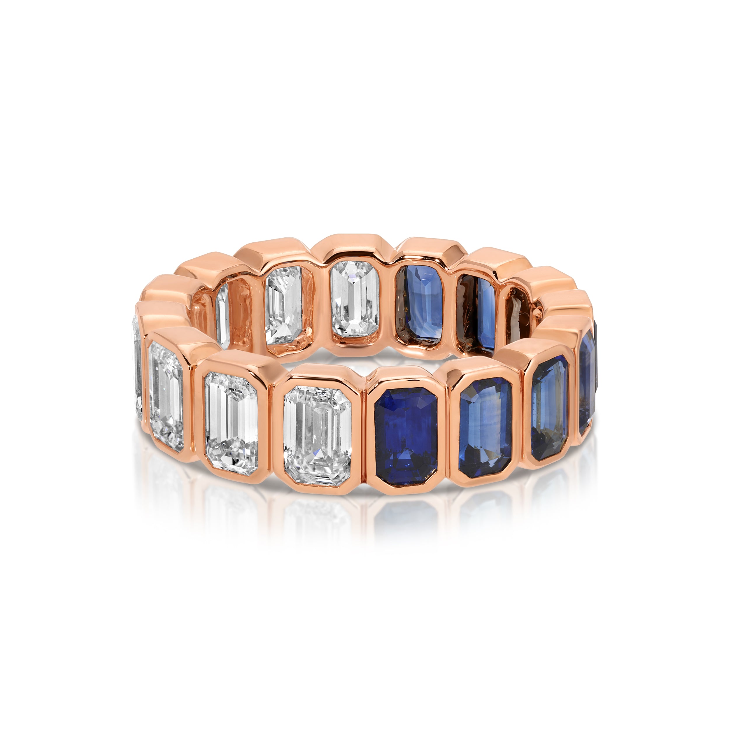 BEZELED EMERALD CUT BLUE SAPPHIRE AND DIAMOND RING 4 BEZELED EMERALD CUT BLUE SAPPHIRE AND DIAMOND RING