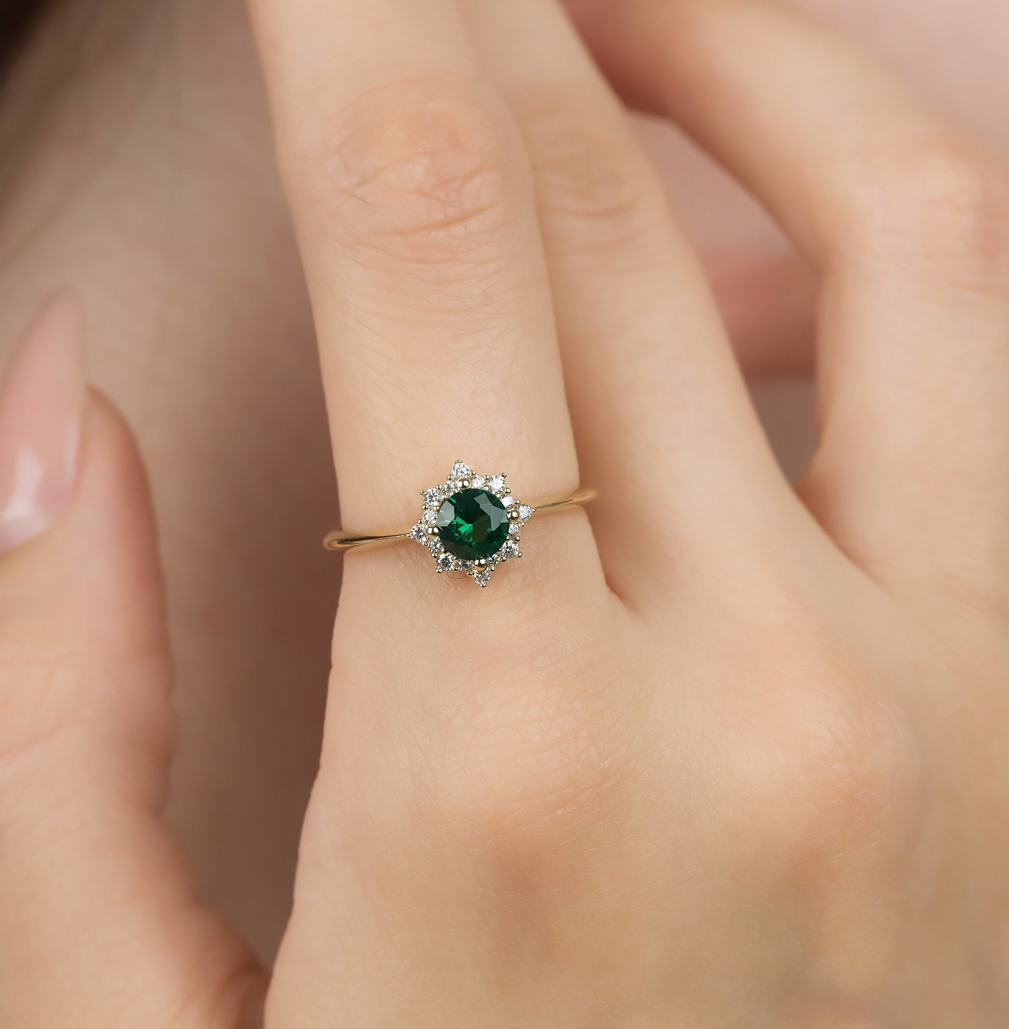 14K Yellow Gold Round Emerald Ring, Womens Wedding Band