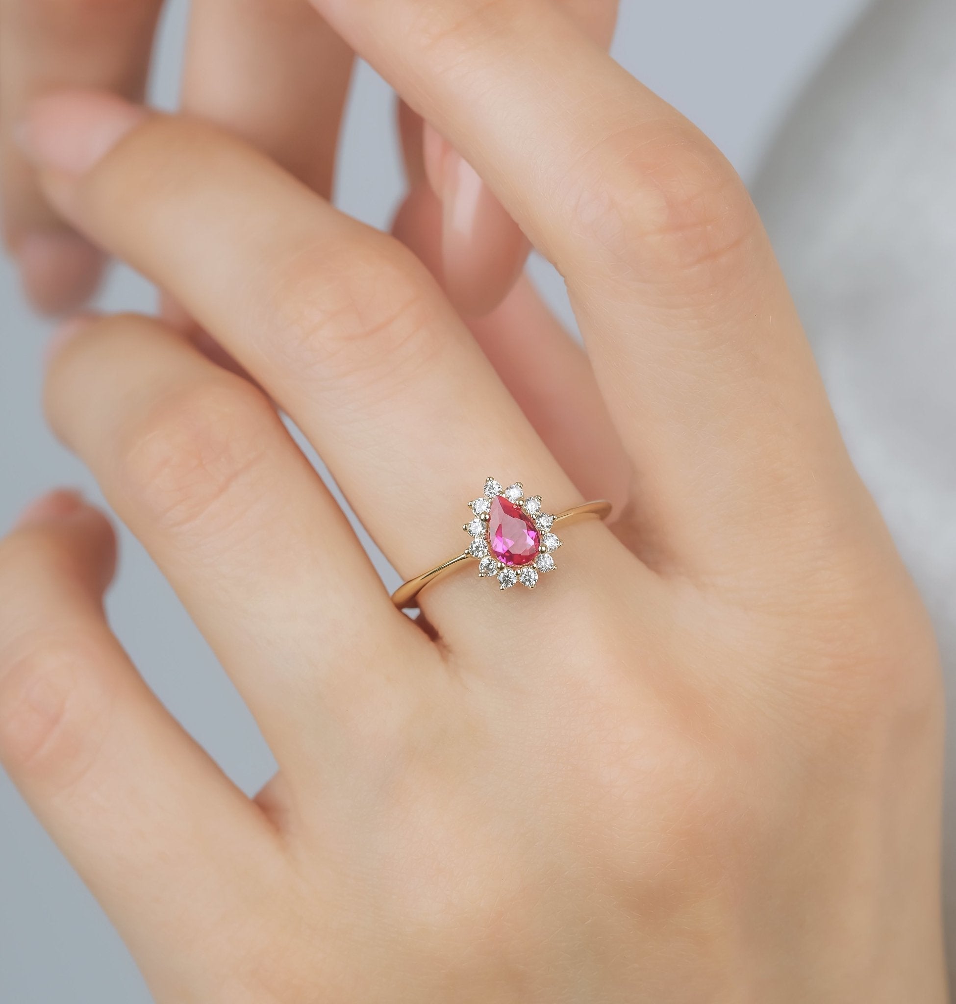 14K Yellow Gold Pear Shape Ruby Ring, Womens Wedding Ring