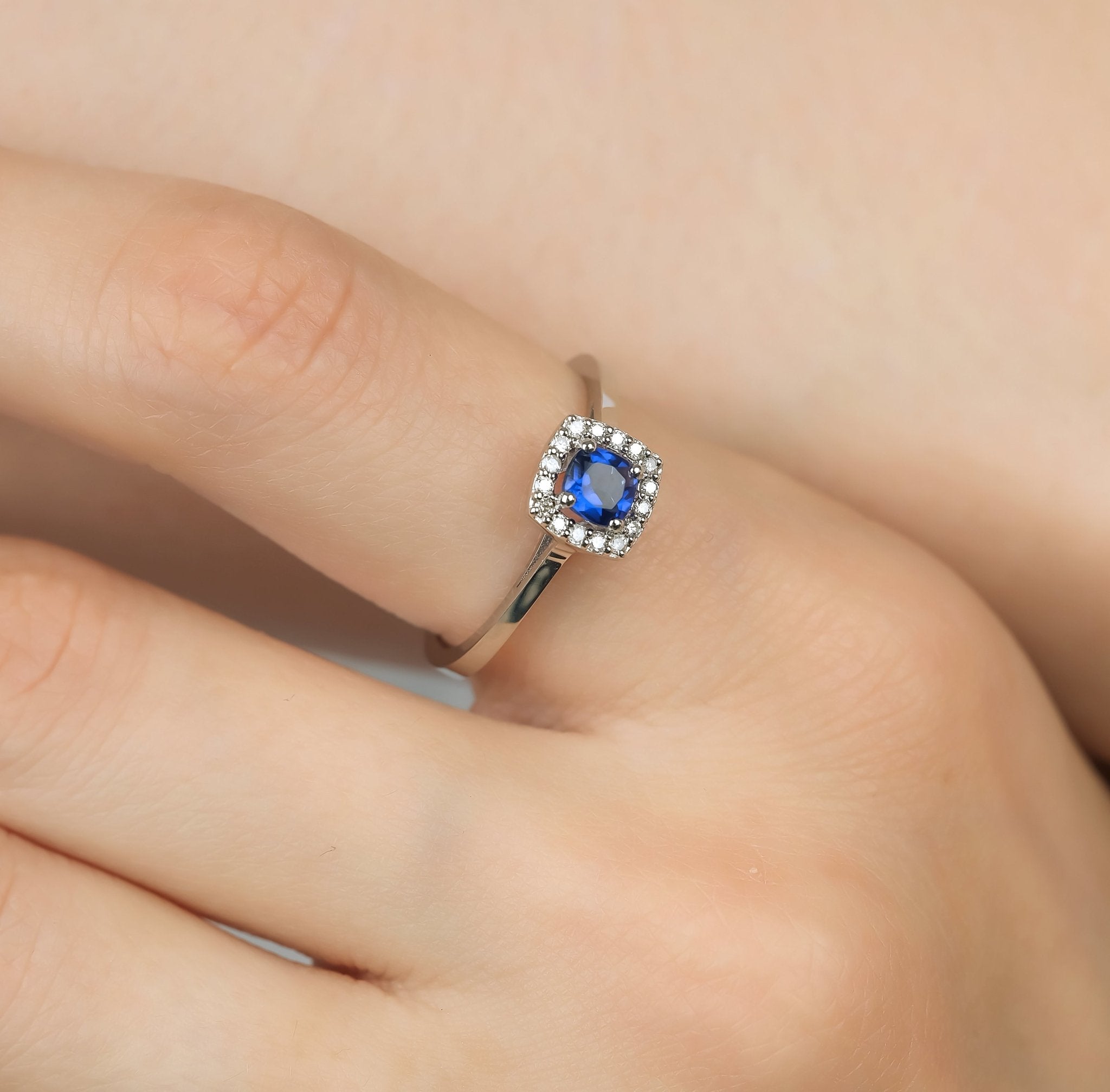 14K White Gold Cushion Cut Sapphire and Diamond Ring