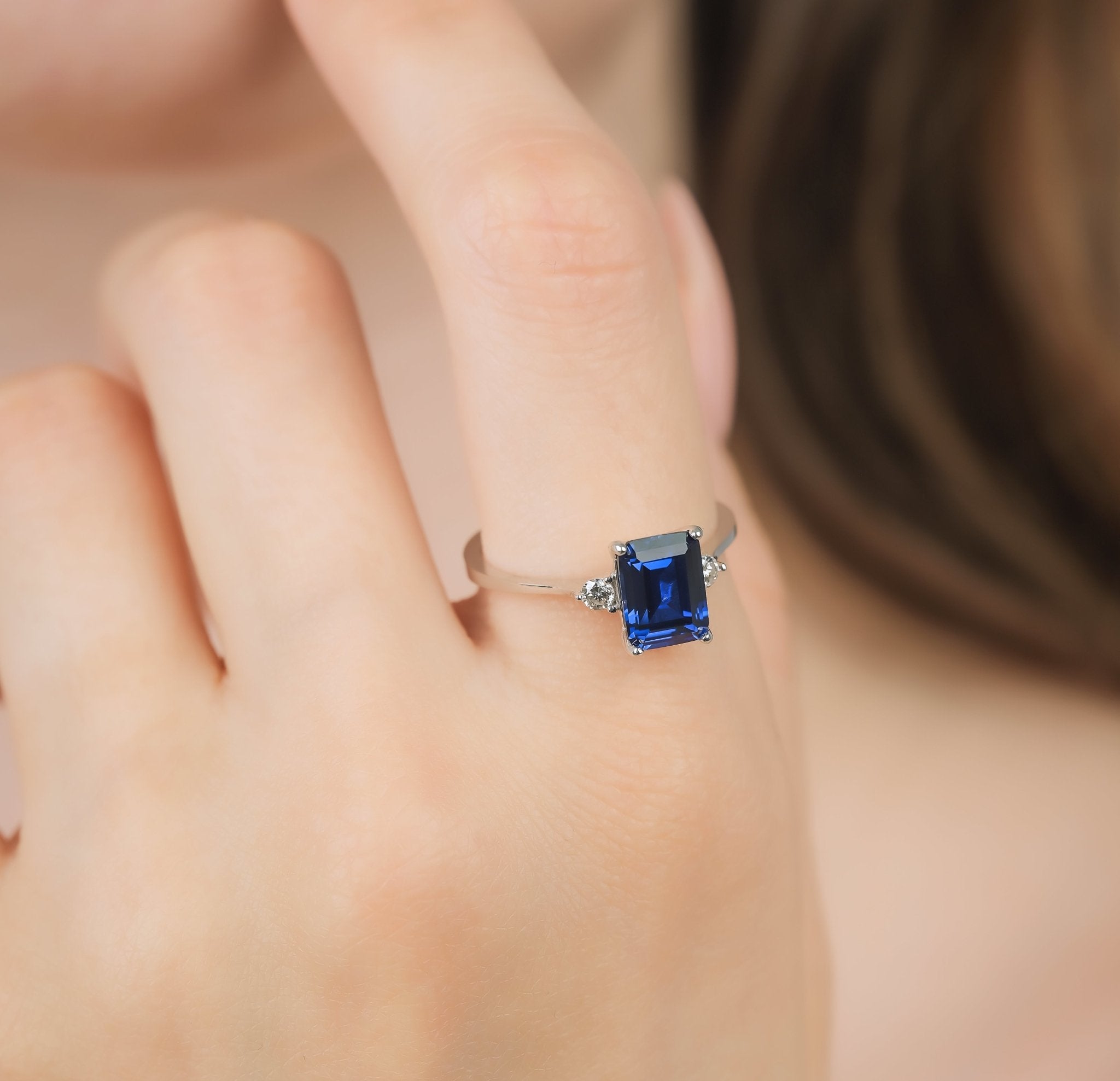 14K White Gold Emerald Cut Sapphire and Diamond Ring