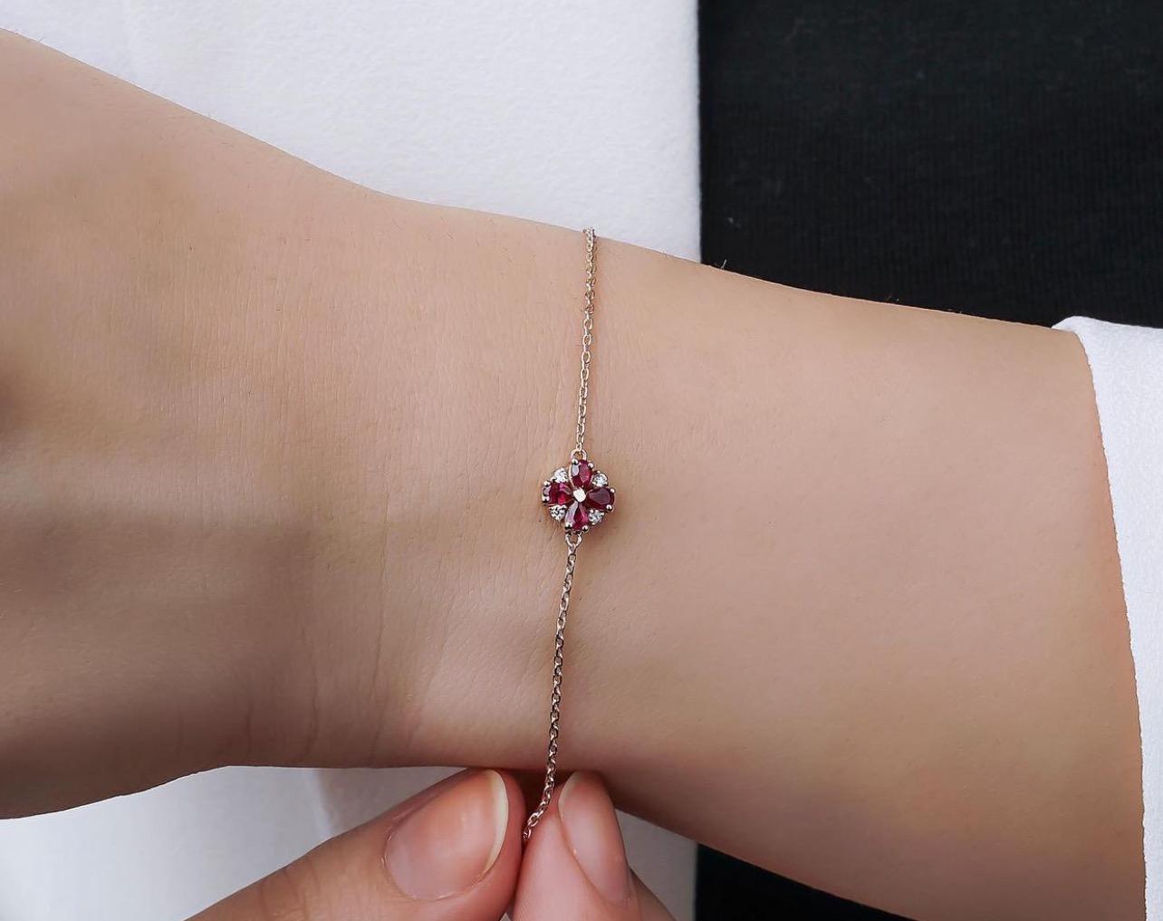 14K Gold Diamond and Pear Shape Ruby Bracelet