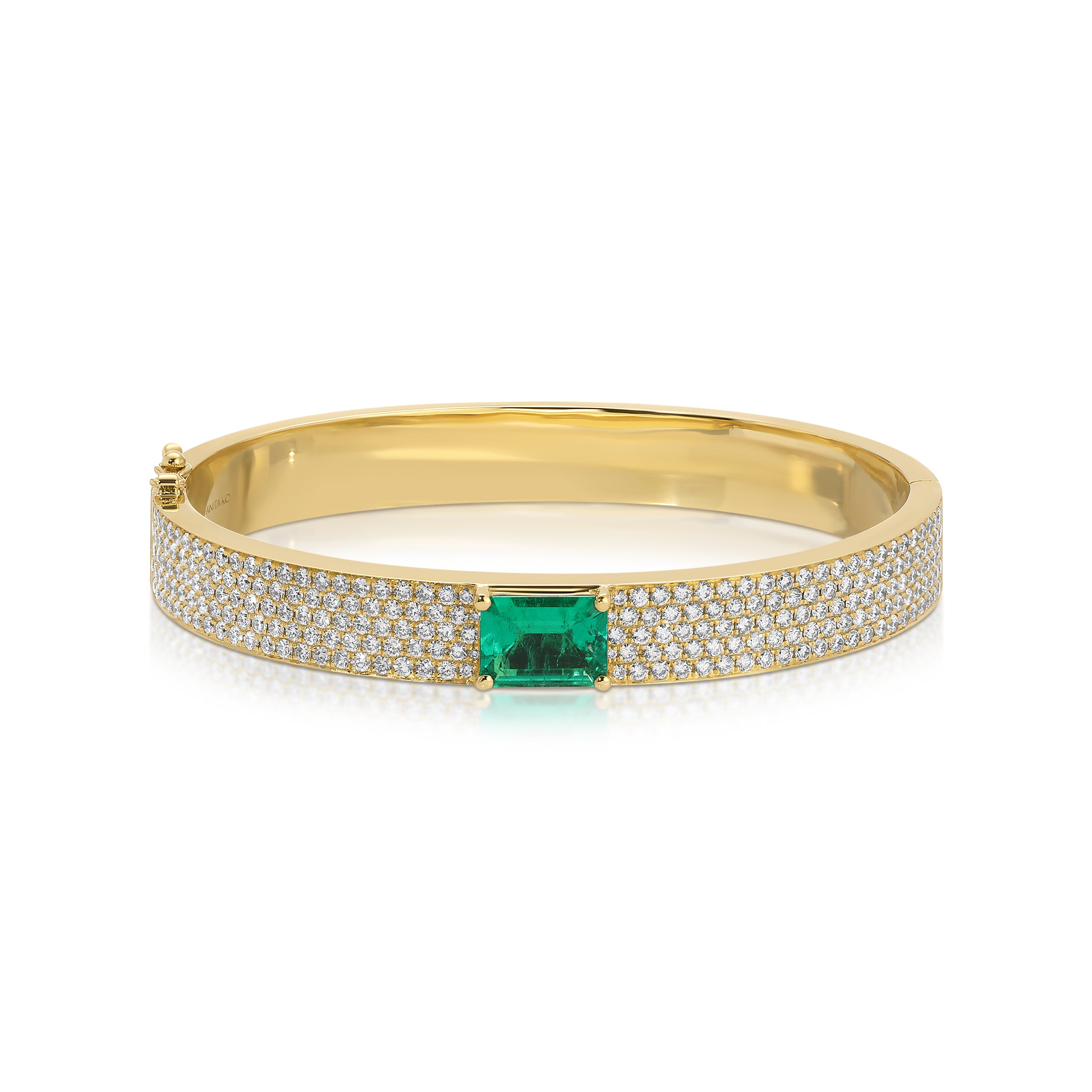 PAVE  DIAMOND OVAL BRACELET WITH EMERALD CUT COLOMBIAN EMERALD CENTER
