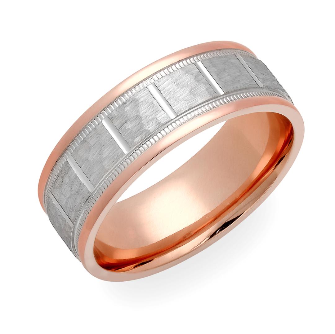 14K Solid Rose Gold and Platinum Hammered Finish Mens Wedding Bands