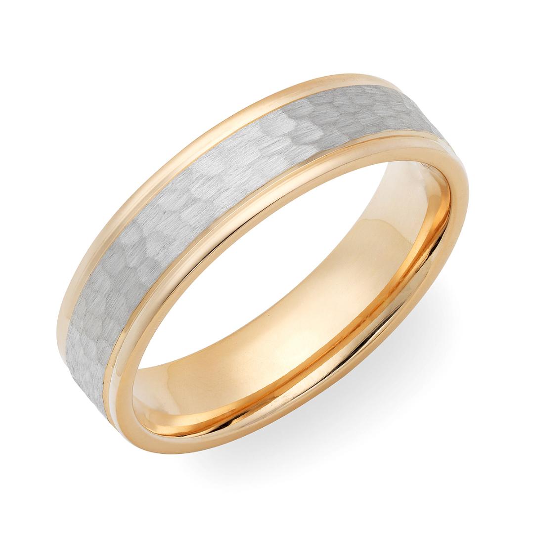 18K Solid Yellow Gold and Hammered Finish Platinum Wedding Bands