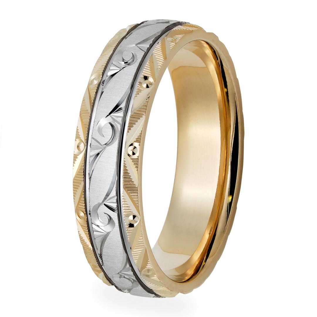 Two Tone Gold Hand Engraved Mens Wedding Bands
