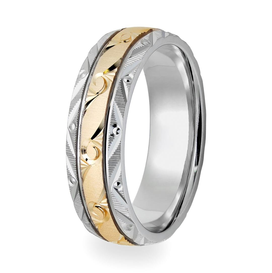 Two Tone Gold Hand Engraved Mens Wedding Rings