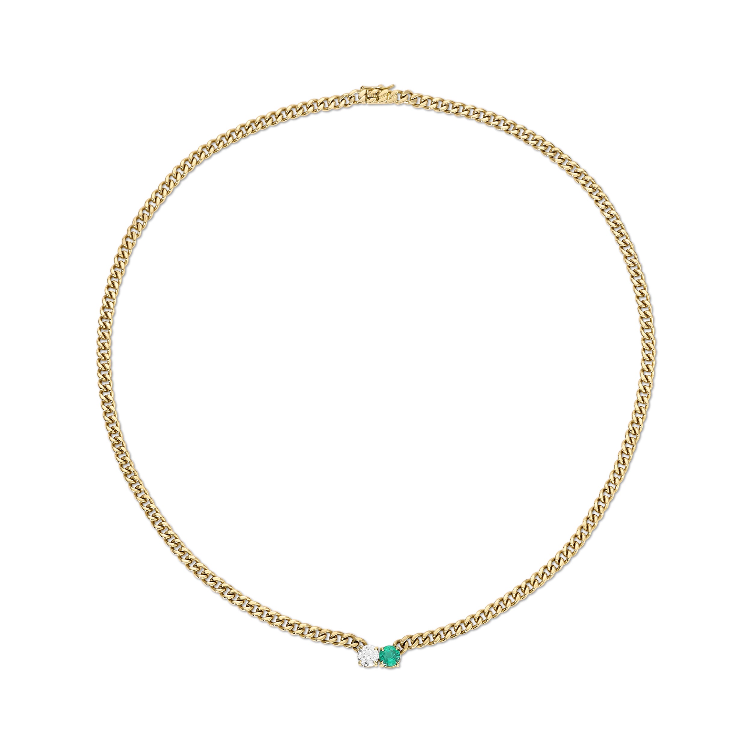 SMALL CUBAN CHAIN CHOKER WITH ROUND EMERALD AND DIAMOND CENTER