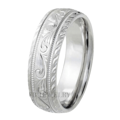 7mm 10K 14K 18K White Gold Hand Engraved Wedding Rings