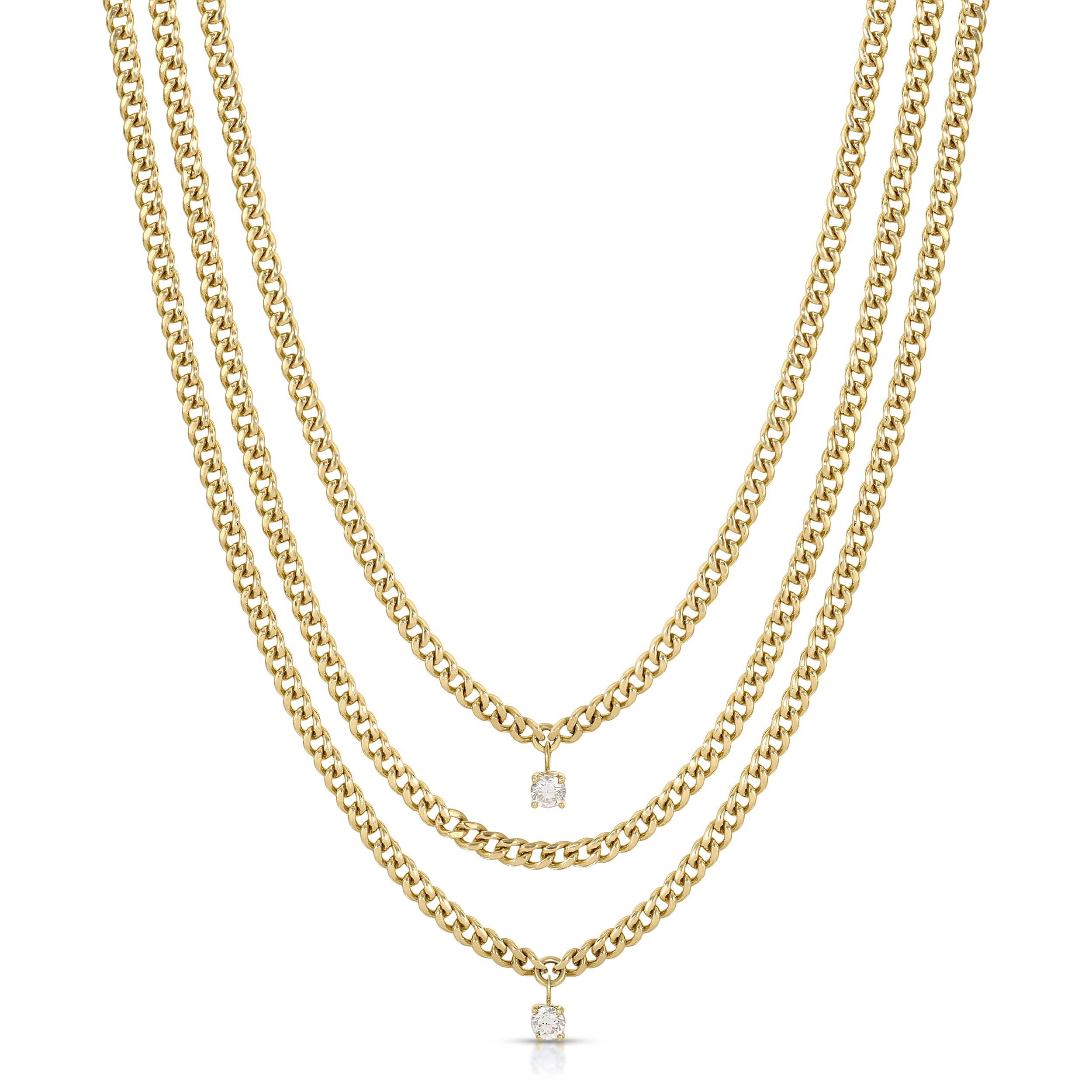 THREE LAYERED CHAIN CUBAN LINK NECKLACE WITH TWO ROUND DIAMONDS